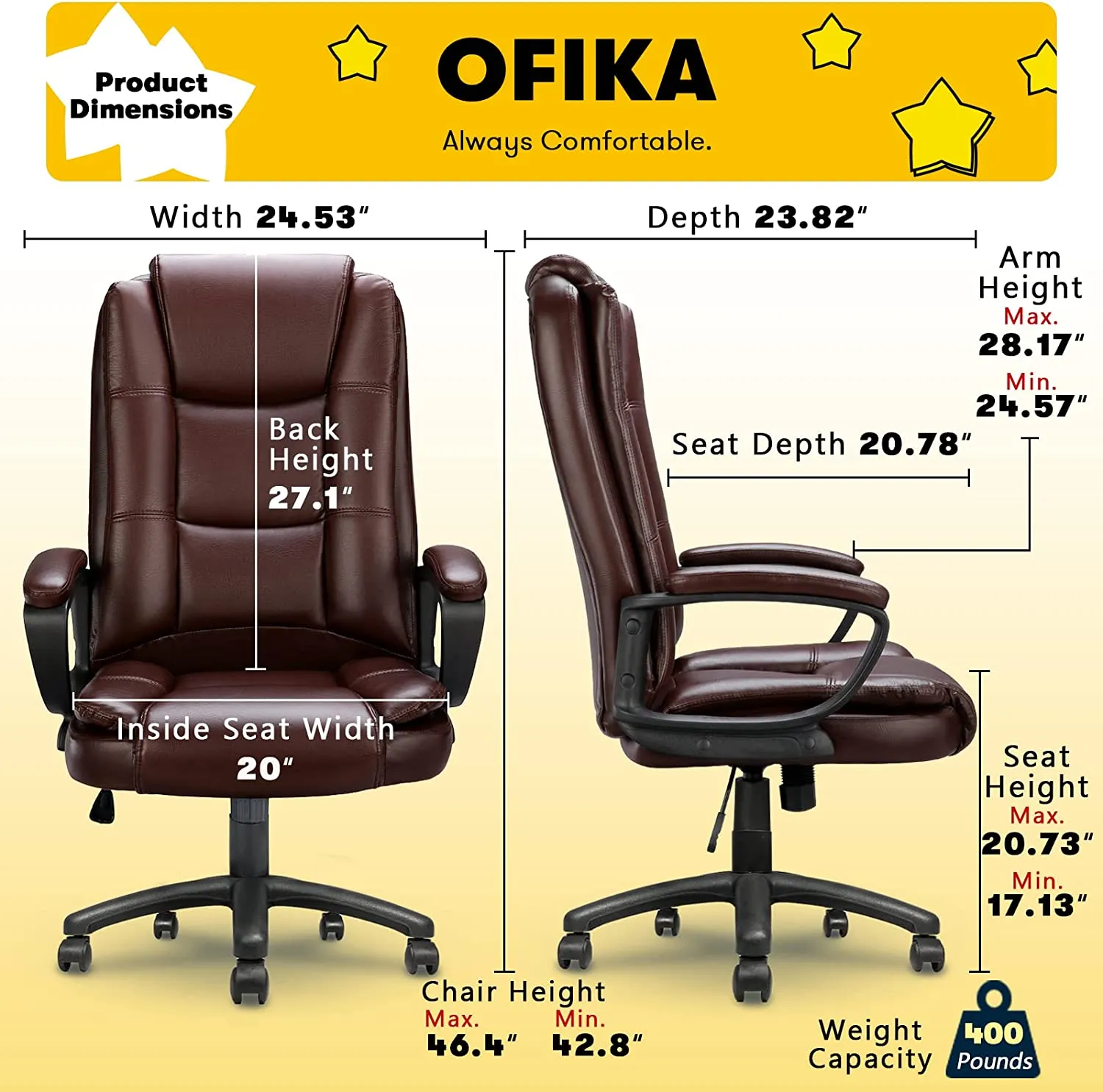 OFIKA Home Office Chair, Comfortable Heavy Duty Design, Ergonomic High Back Cushion Lumbar Back Support, Computer Desk Chair, Big and Tall Chair, Adjustable Executive Leather Chair with Arms (Black)