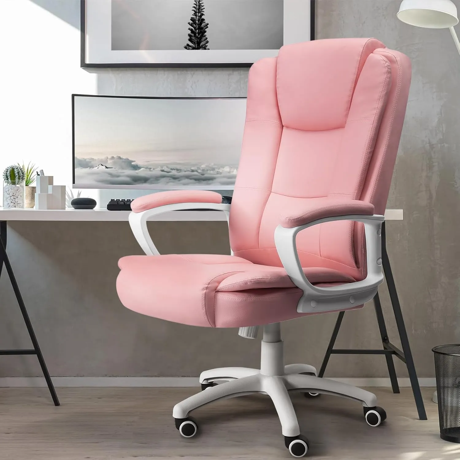 OFIKA Home Office Chair, Ergonomic Desk Chair, Adjustable Task Chair for Lumbar Back Support, Computer Chair with Rolling Swivel and Armrest, Modern Executive High Back Leather Chairs (Pink)