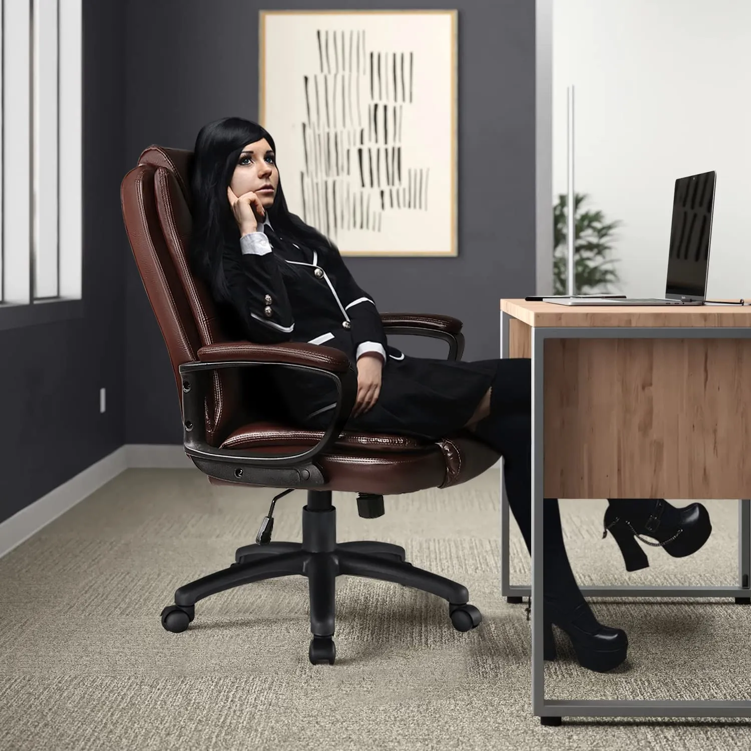 OFIKA Home Office Chair, Heavy Duty Design, Ergonomic High Back Cushion Lumbar Back Support, Computer Desk Chair, Big and Tall Chair, Adjustable Executive Leather Chair with Armrest (Black)