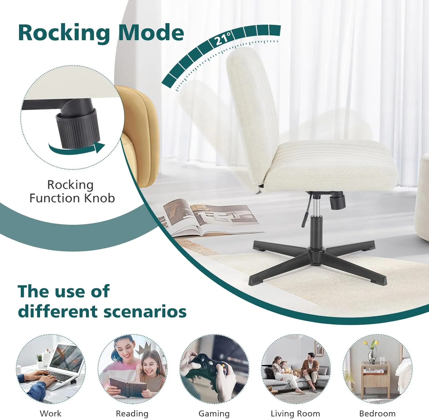 OLIXIS Criss Cross Chairs Legged Armless No Wheels Wide Seat Height Adjustable Swivel Rolling Padded Fabric Home Office Desk Seating for Bedroom, Student, Study Room