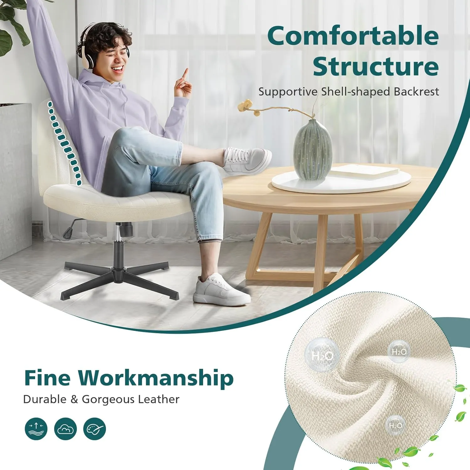 OLIXIS Criss Cross Chairs Legged Armless No Wheels Wide Seat Height Adjustable Swivel Rolling Padded Fabric Home Office Desk Seating for Bedroom, Student, Study Room