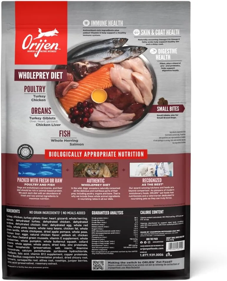 ORIJEN Small Breed Dry Dog Food, Grain Free Dry Dog Food for Small Breeds, Fresh or Raw Ingredients, 10lb