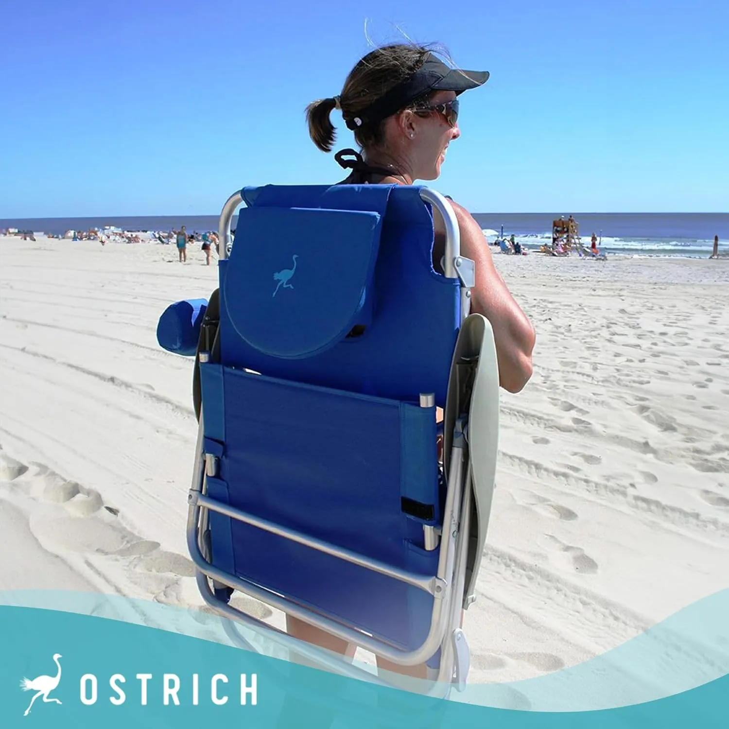 Ostrich On Your Back Backpack Beach Chair with Face Hole - Adjustable, Portable Lounge Chair with Cup Holder, Face Opening - Heavy Duty, Lay Flat Tanning Chair for Face Down Reading For Adults (Blue)