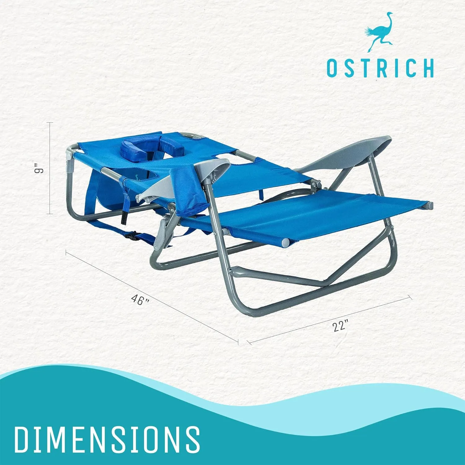 Ostrich On Your Back Backpack Beach Chair with Face Hole - Adjustable, Portable Lounge Chair with Cup Holder, Face Opening - Heavy Duty, Lay Flat Tanning Chair for Face Down Reading For Adults (Blue)