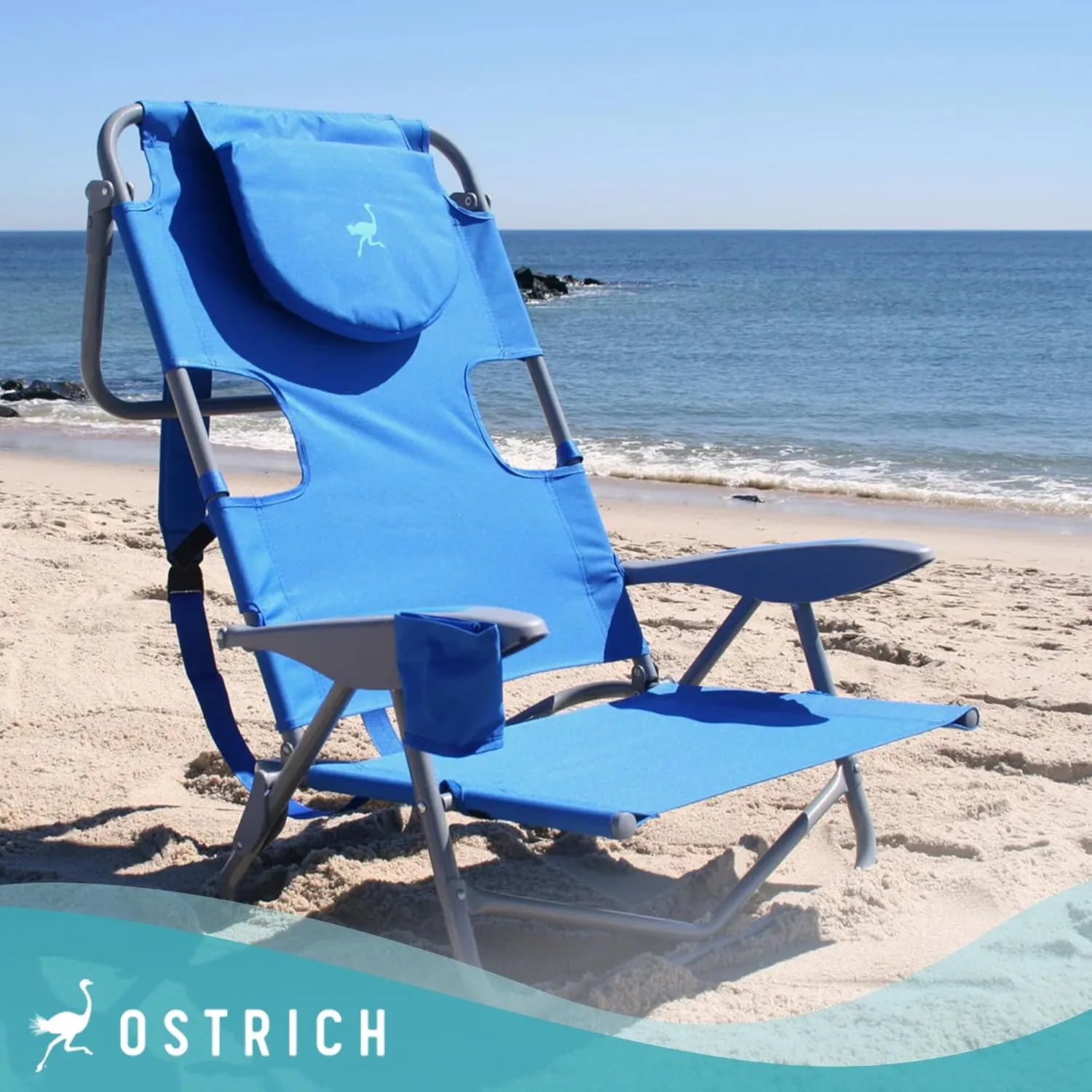 Ostrich On Your Back Backpack Beach Chair with Face Hole - Adjustable, Portable Lounge Chair with Cup Holder, Face Opening - Heavy Duty, Lay Flat Tanning Chair for Face Down Reading For Adults (Blue)