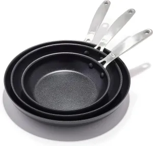OXO Enhanced, 8" 10" and 12" 3 Piece Frying Pan Skillet Set, Healthy Ceramic Nonstick, PFAS-Free, Stainless Steel Handle, Dishwasher Safe, Oven Safe, Black