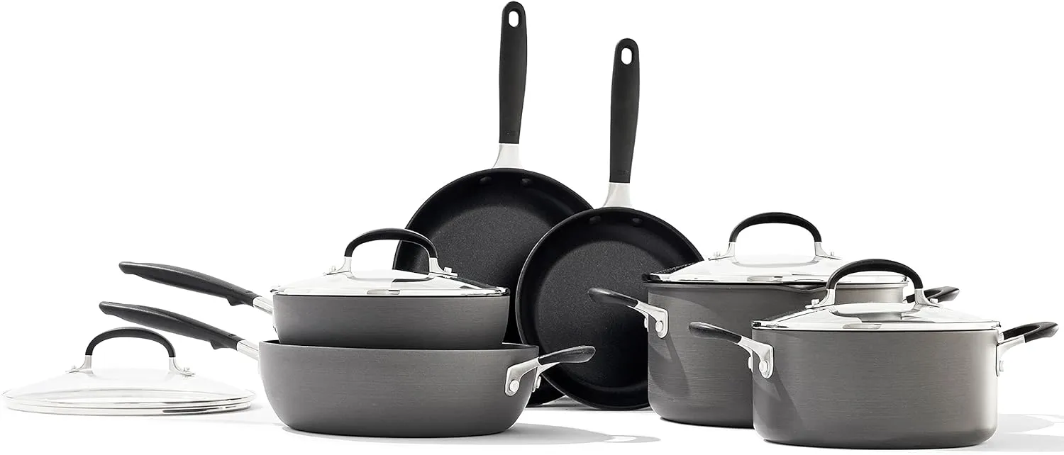 OXO Good Grips 10 Piece Cookware Pots and Pans Set, 3-Layered German Engineered Nonstick Coating, Stainless Steel Handle with Nonslip Silicone, Gray,Black