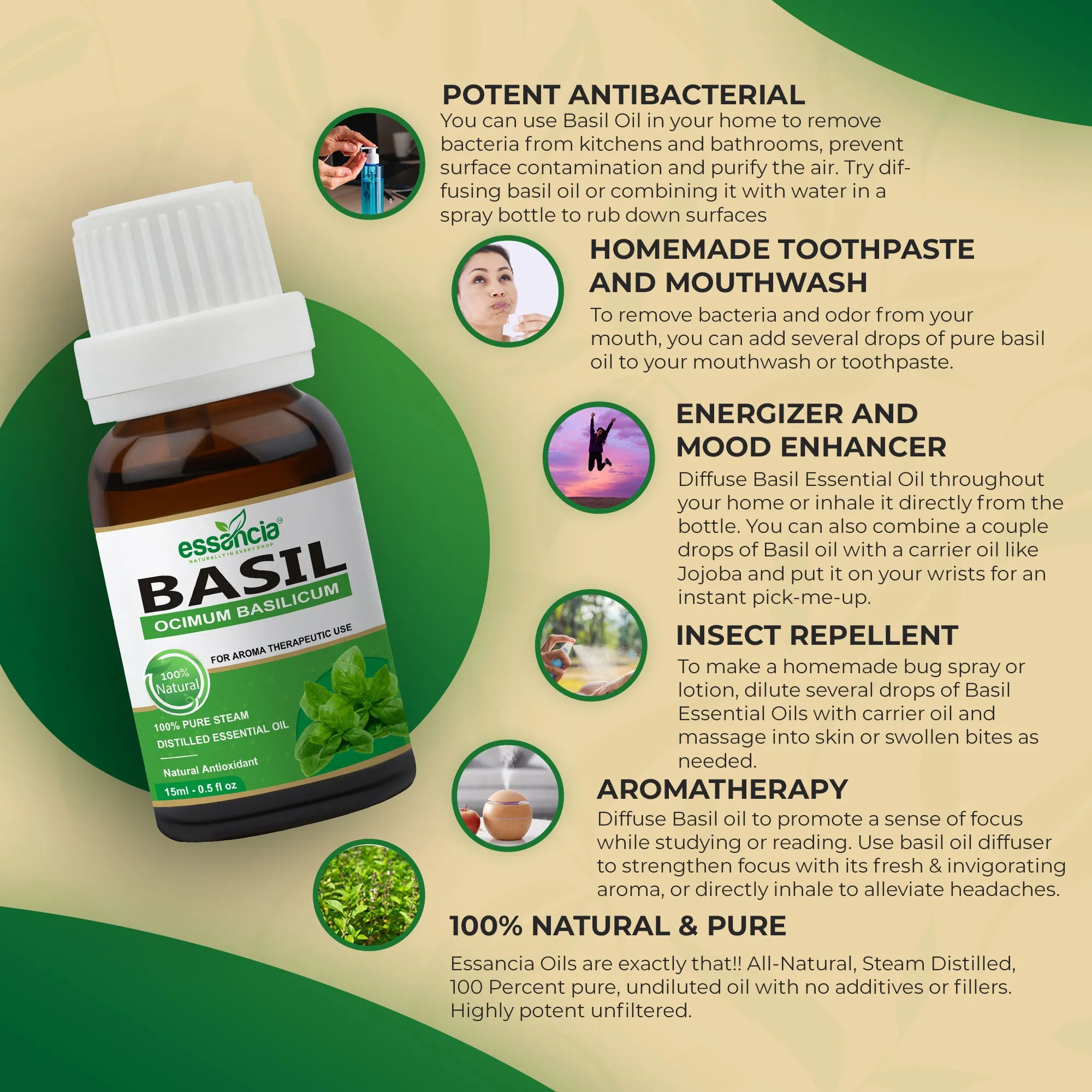 Pack of 6 Essential oils ( Tea Tree, Basil, Bergamot, Cinnamon, Cedarwood, Citronella)