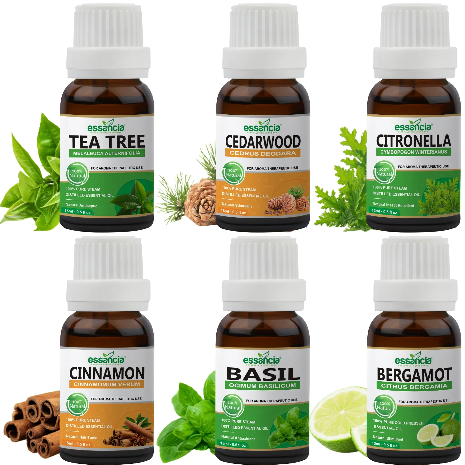 Pack of 6 Essential oils ( Tea Tree, Basil, Bergamot, Cinnamon, Cedarwood, Citronella)