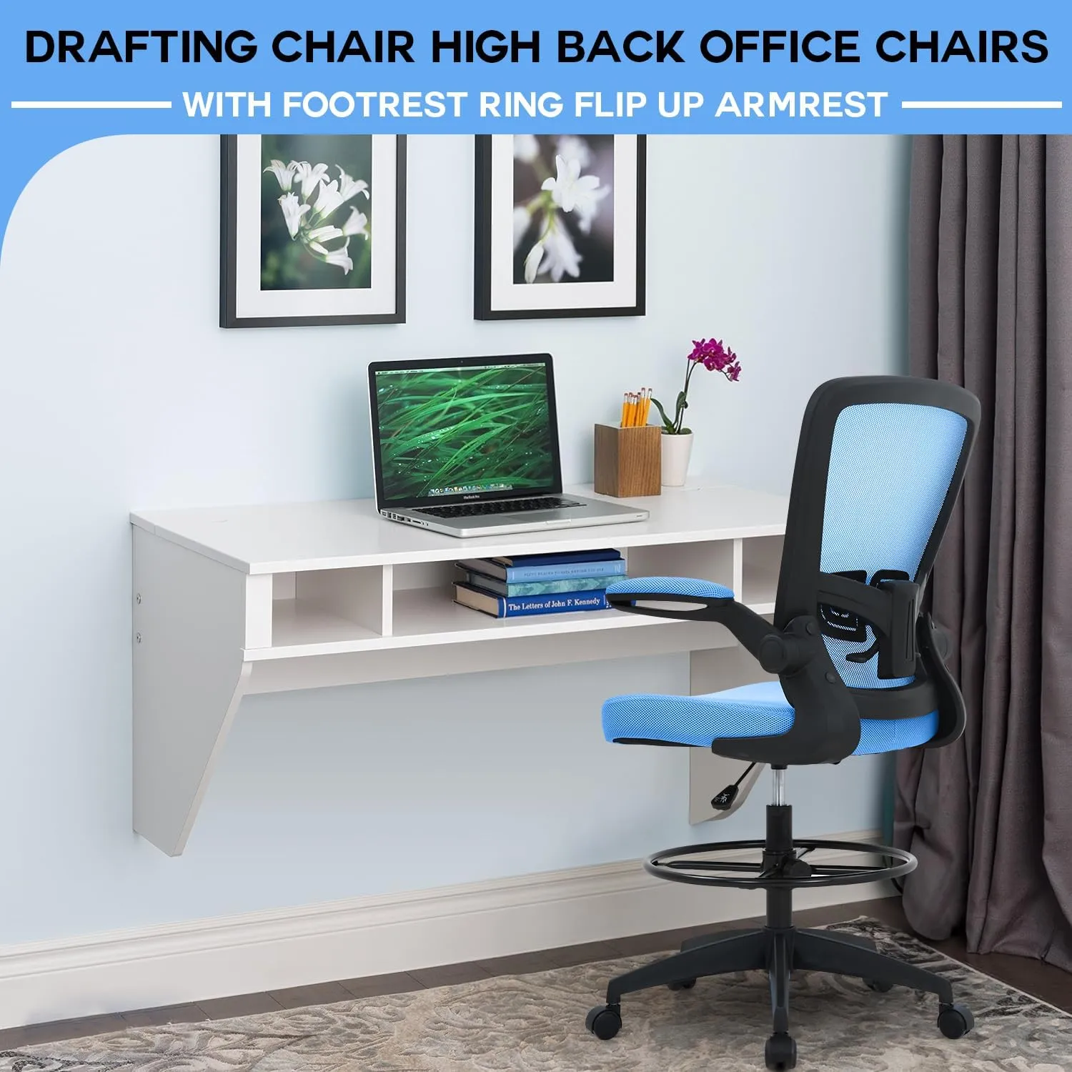 PayLessHere Ergonomic Drafting Chair Tall Office Chair High Adjustable Standing Desk Chair with Lumbar Support Mesh Back Footrest Flip-Up Arms for Office Computer Desk Standing Desk, Blue
