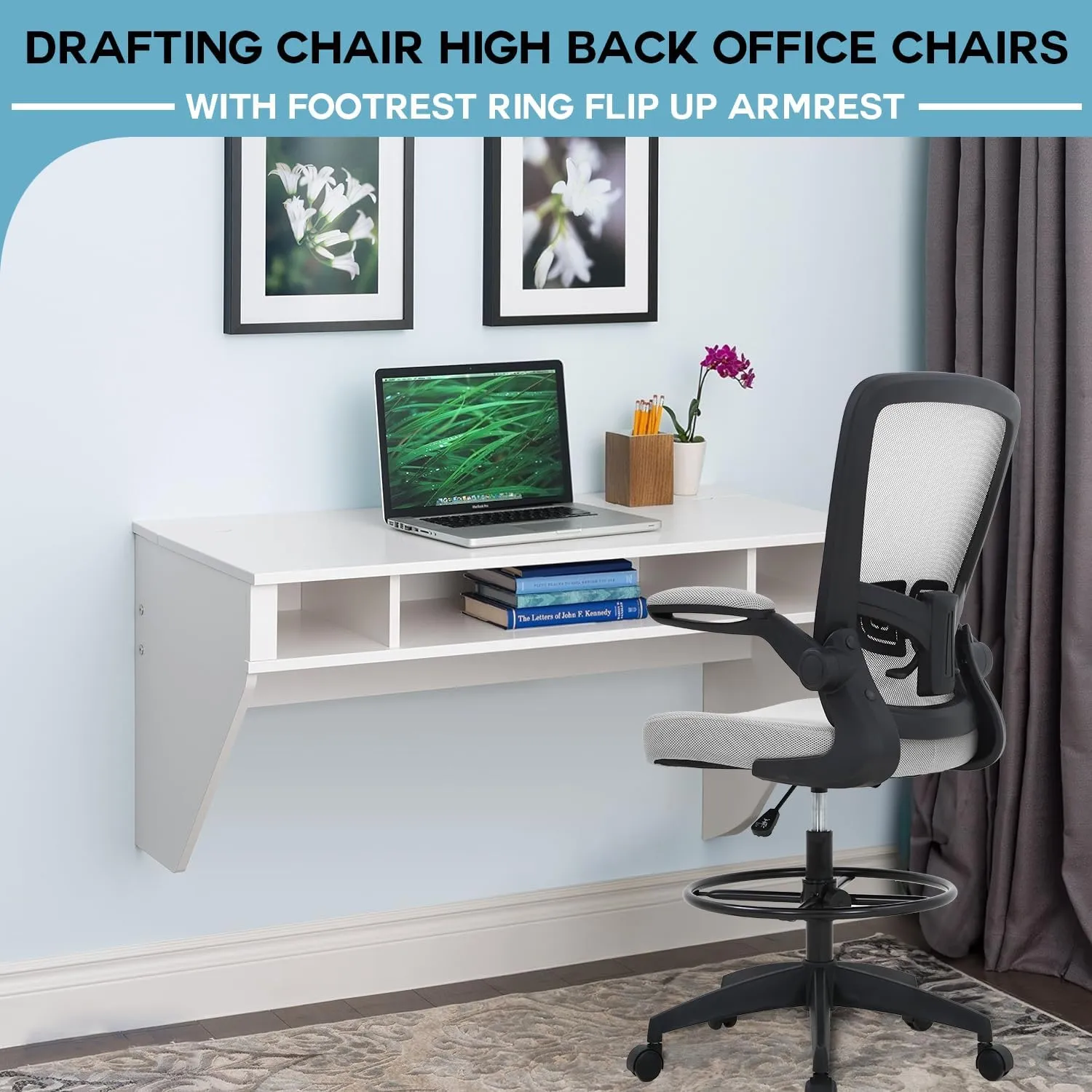 PayLessHere Ergonomic Drafting Chair Tall Office Chair High Adjustable Standing Desk Chair with Lumbar Support Mesh Back Footrest Flip-Up Arms for Office Computer Desk Standing Desk, Grey