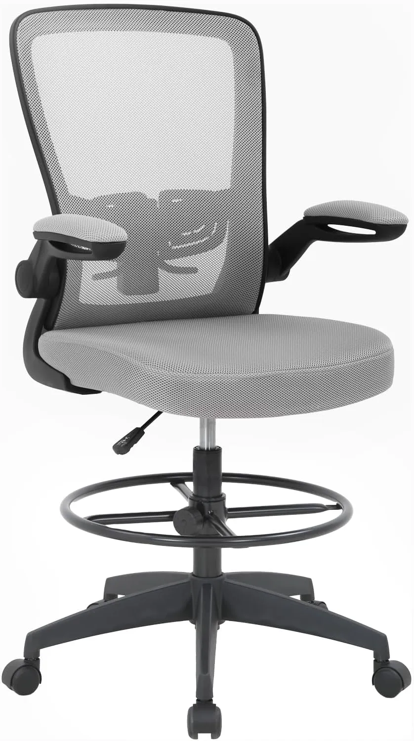 PayLessHere Ergonomic Drafting Chair Tall Office Chair High Adjustable Standing Desk Chair with Lumbar Support Mesh Back Footrest Flip-Up Arms for Office Computer Desk Standing Desk, Grey