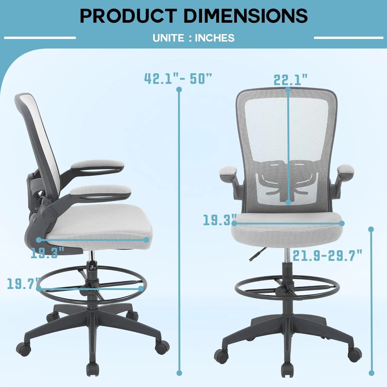 PayLessHere Ergonomic Drafting Chair Tall Office Chair High Adjustable Standing Desk Chair with Lumbar Support Mesh Back Footrest Flip-Up Arms for Office Computer Desk Standing Desk, Grey