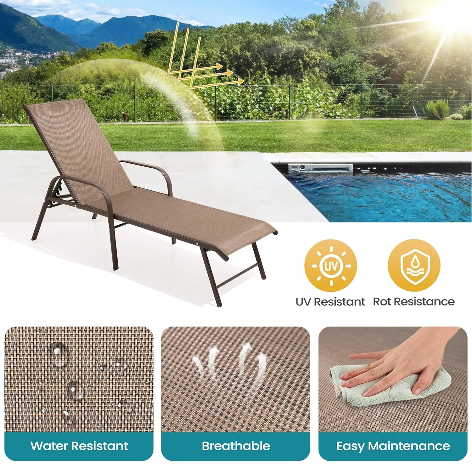 Pellebant Aluminum Outdoor Lounge Chairs Set of 2, Pool Chaise Patio Chairs with Adjustable Backrest & Armrest for Lawn, Yard(2pcs,Brown)