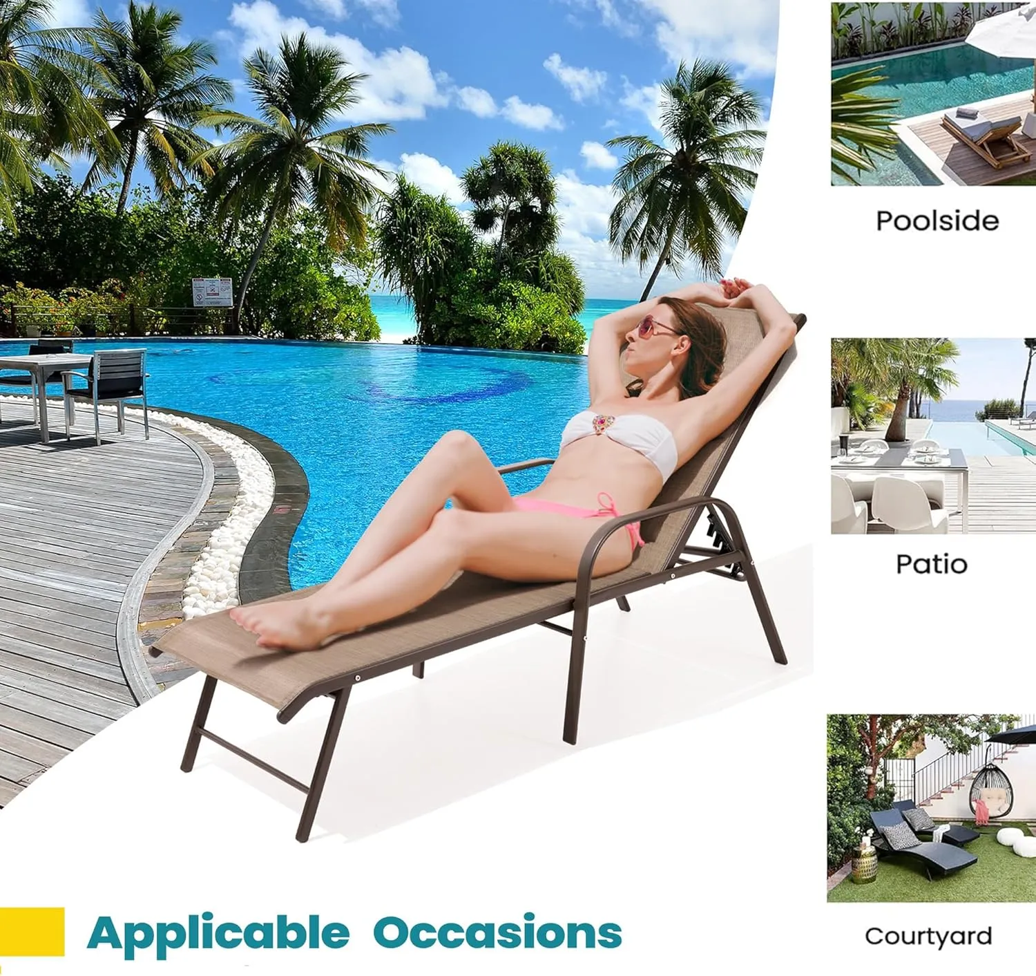 Pellebant Aluminum Outdoor Lounge Chairs Set of 2, Pool Chaise Patio Chairs with Adjustable Backrest & Armrest for Lawn, Yard(2pcs,Brown)