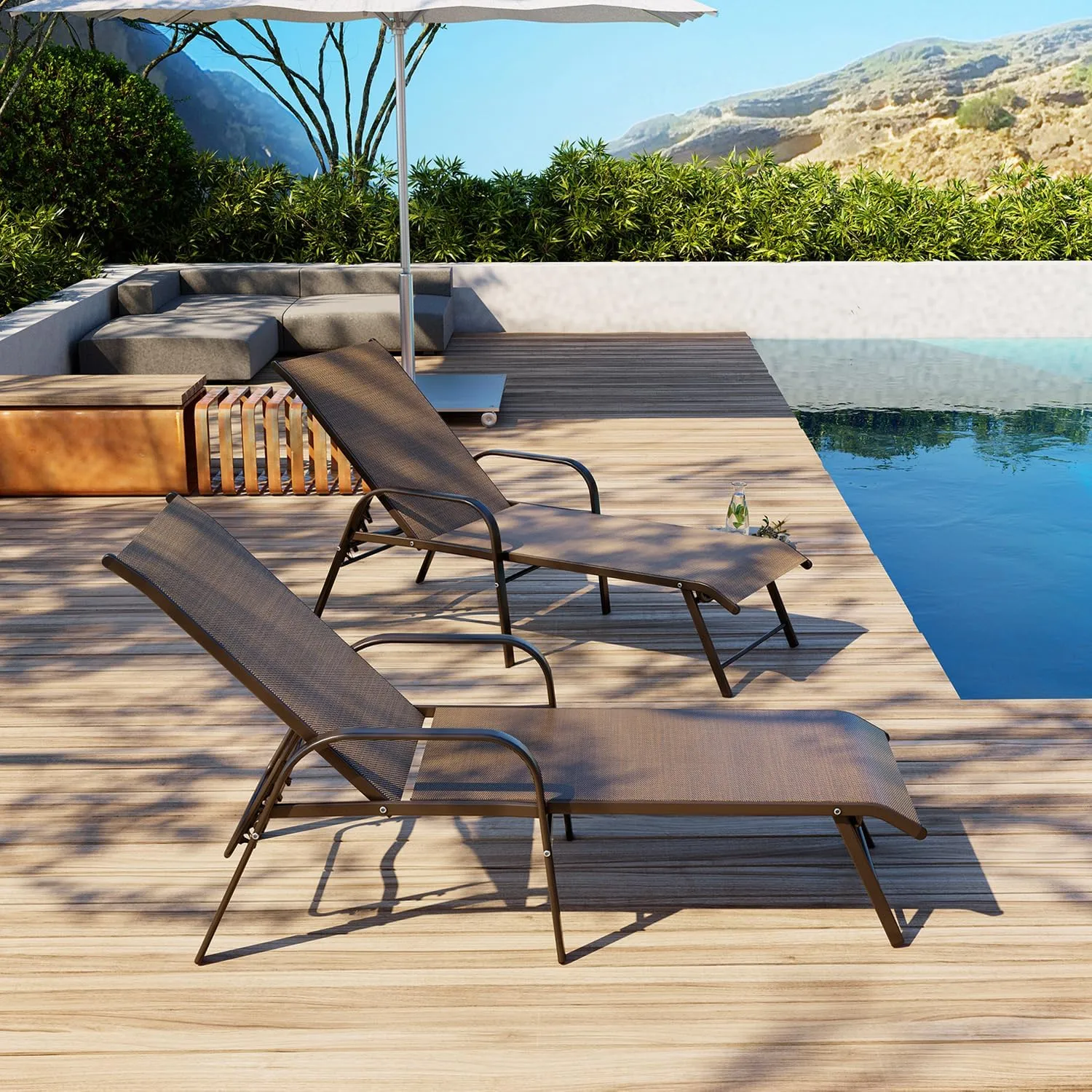 Pellebant Aluminum Outdoor Lounge Chairs Set of 2, Pool Chaise Patio Chairs with Adjustable Backrest & Armrest for Lawn, Yard(2pcs,Brown)