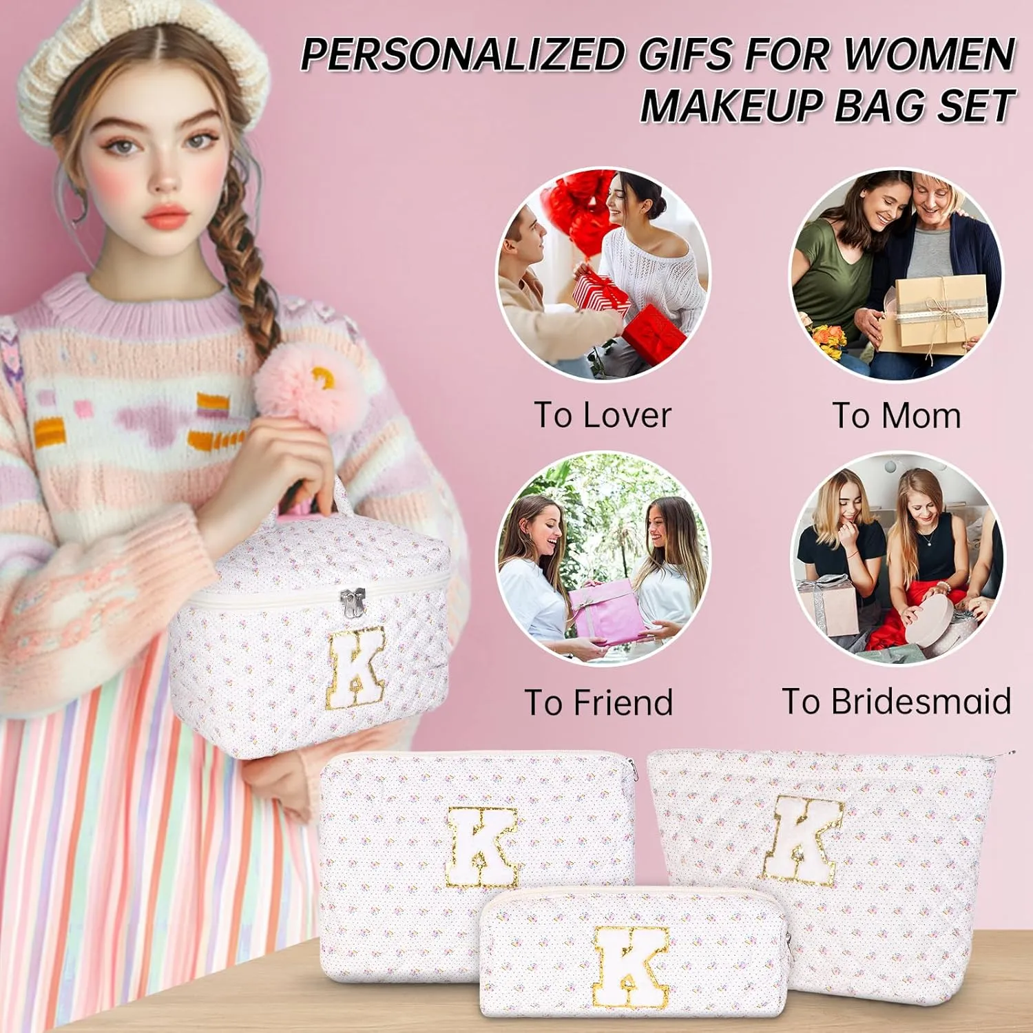 Personalized Initial Makeup Bag, Quilted Cosmetic Bag, Large Floral Make Up Bag for Women, Cotton Makeup Bag Set, Flower Travel Toiletry Bag | Birthday Gifts for Women Daughter Gifts B