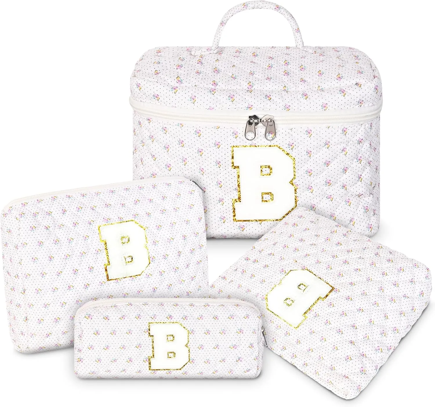 Personalized Initial Makeup Bag, Quilted Cosmetic Bag, Large Floral Make Up Bag for Women, Cotton Makeup Bag Set, Flower Travel Toiletry Bag | Birthday Gifts for Women Daughter Gifts B