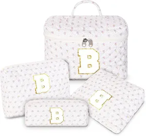 Personalized Initial Makeup Bag, Quilted Cosmetic Bag, Large Floral Make Up Bag for Women, Cotton Makeup Bag Set, Flower Travel Toiletry Bag | Birthday Gifts for Women Daughter Gifts B