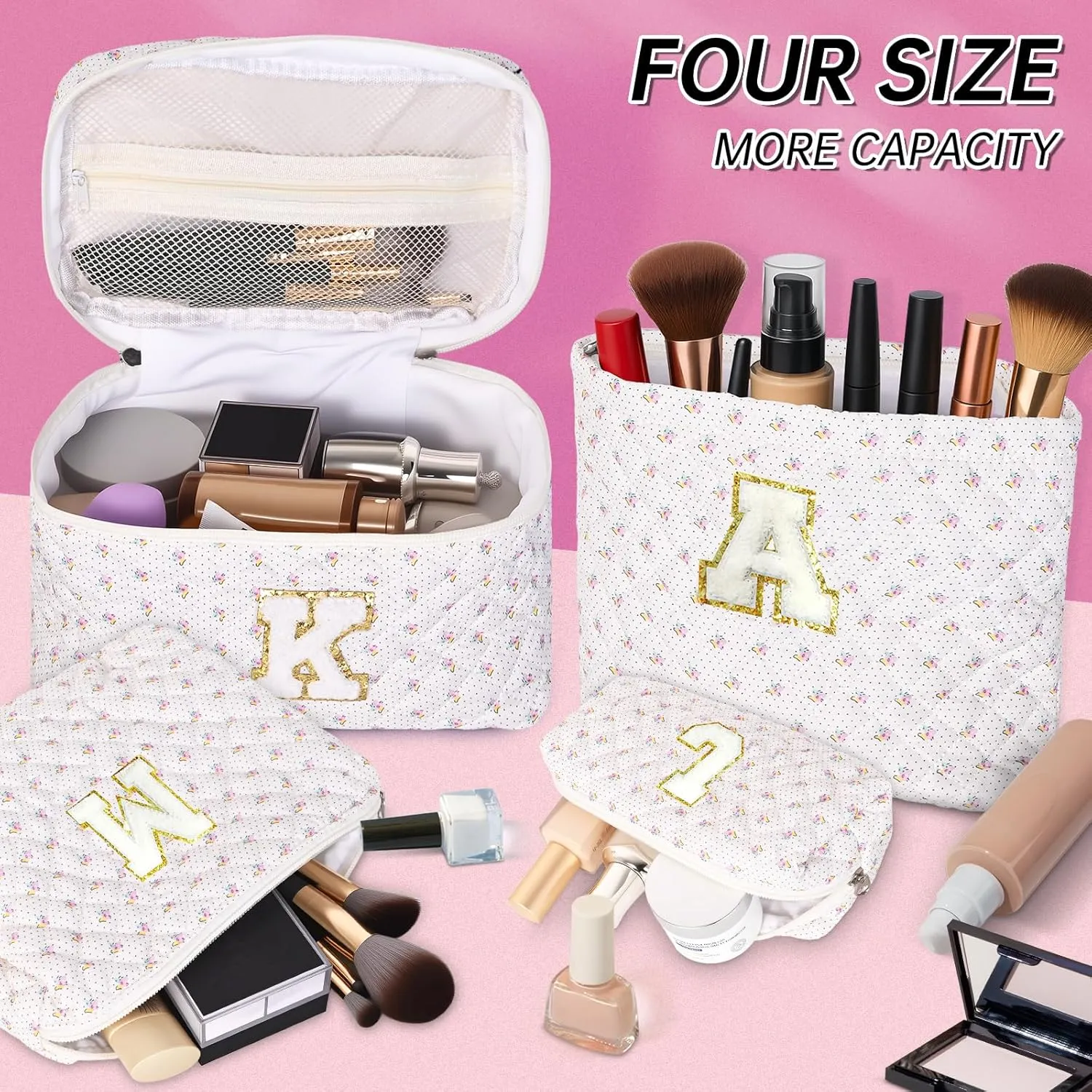 Personalized Initial Makeup Bag, Quilted Cosmetic Bag, Large Floral Make Up Bag for Women, Cotton Makeup Bag Set, Flower Travel Toiletry Bag | Birthday Gifts for Women Daughter Gifts B