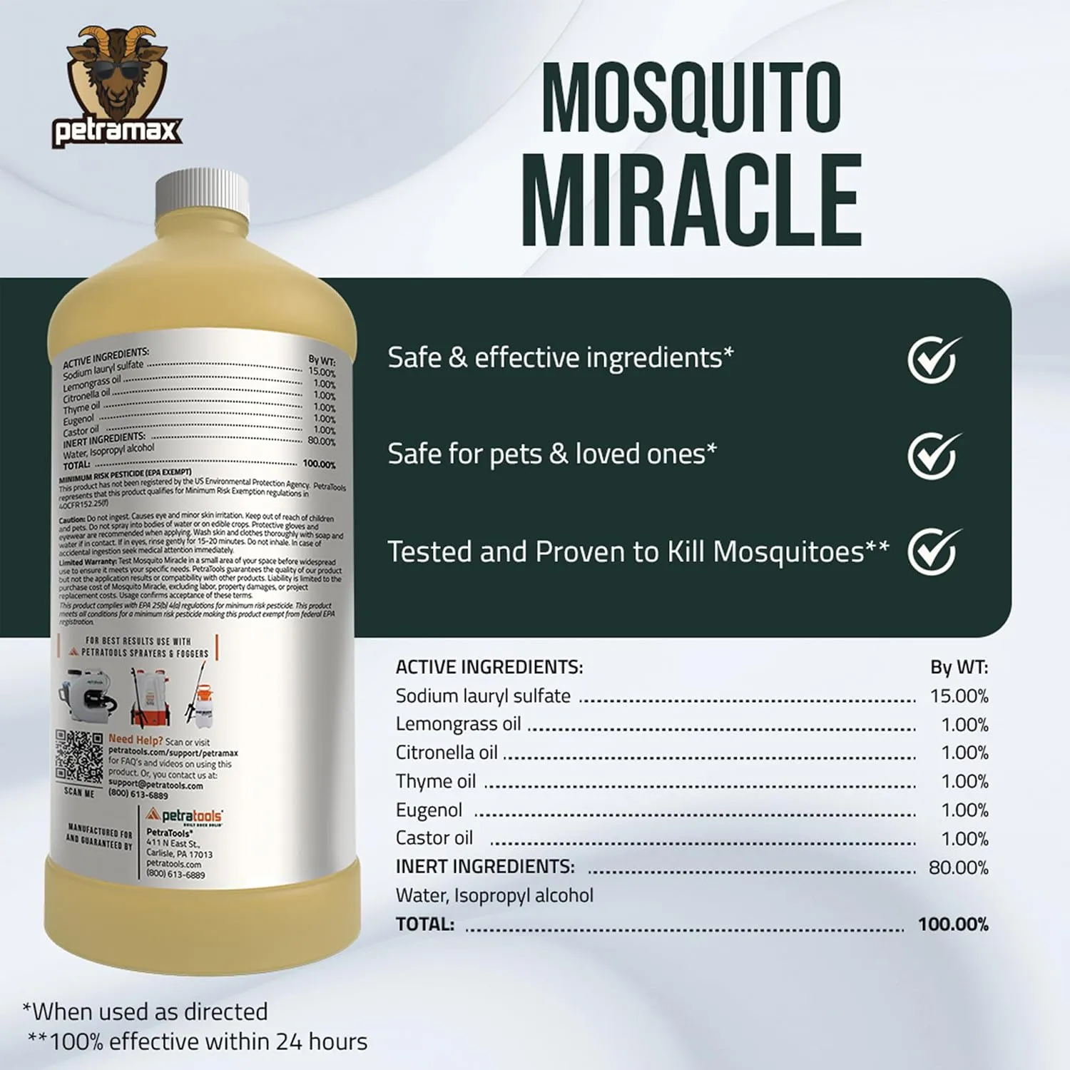 PetraMax Miracle Outdoor Mosquito Spray for Yard - Tested to Kill, Backyard Mosquito Fogger Machine Liquid Concentrate - Pet Safe Fogger Spray - Commercial/Private Pet Friendly Lawn Treatment (32 Oz)