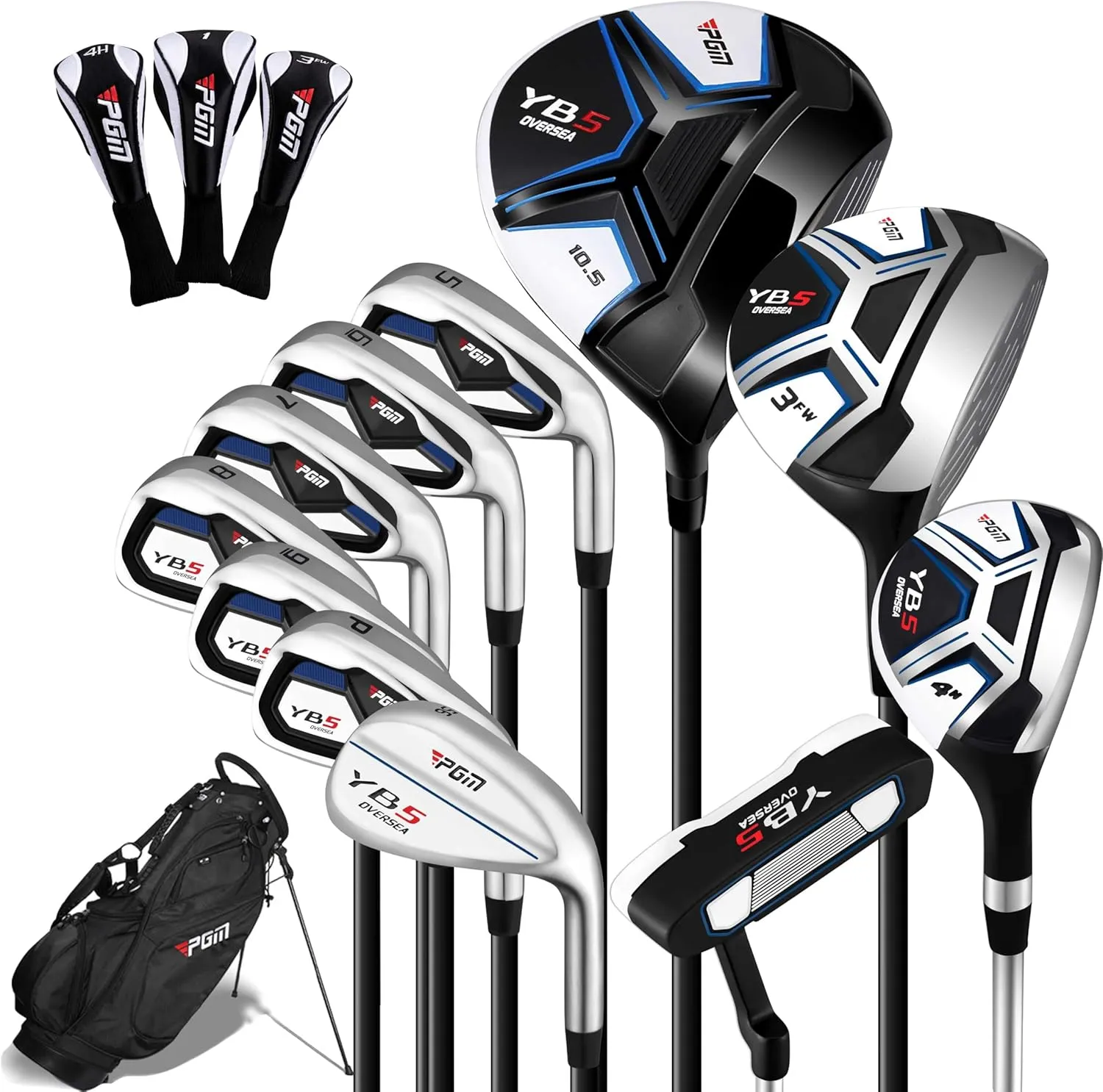 PGM Men's Complete Golf Club Sets - 11 Pieces - 2 Wood (#1,3), 1 Hybrid (#4H), 7 Irons(#5,6,7,8,9,PW,SW), 1 Putter - Golf Stand Bag, Right Handed - Ideal for Beginners