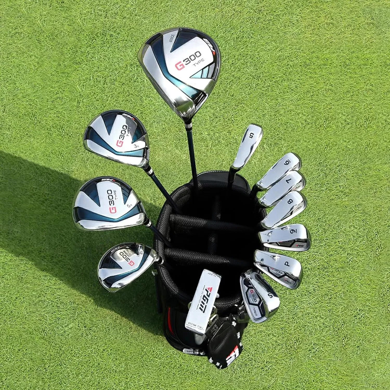PGM Men's G300 Type 9/12 Pieces Complete Golf Club Set - Titanium #1 Driver, Draw-Biased Hybrid, High-Strength Stainless Steel Iron Set, High Forgiveness Putter, with Stand Bag