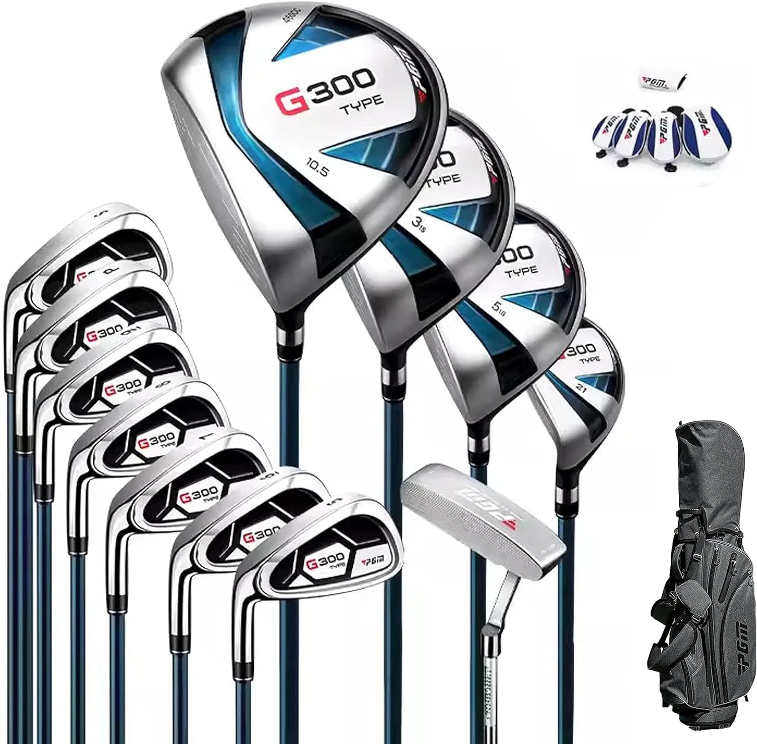 PGM Men's G300 Type 9/12 Pieces Complete Golf Club Set - Titanium #1 Driver, Draw-Biased Hybrid, High-Strength Stainless Steel Iron Set, High Forgiveness Putter, with Stand Bag