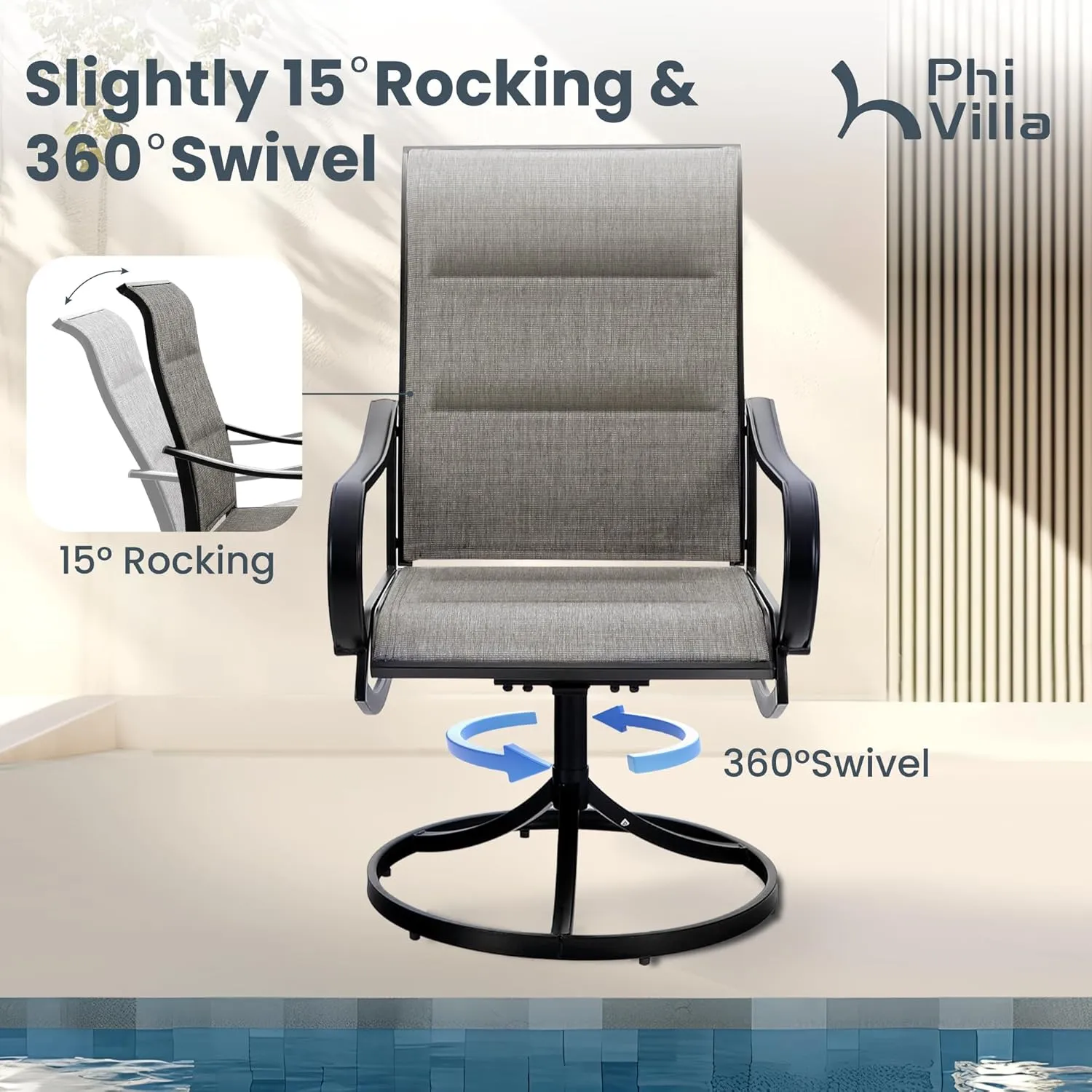 PHI VILLA 9 Pcs Patio Dining Set with Large Square Metal Dining Table & 8 Outdoor Padded Textilene Fabric Swivel Dining Chairs, Outside Table Chair Furniture Dining Set for 8 Person