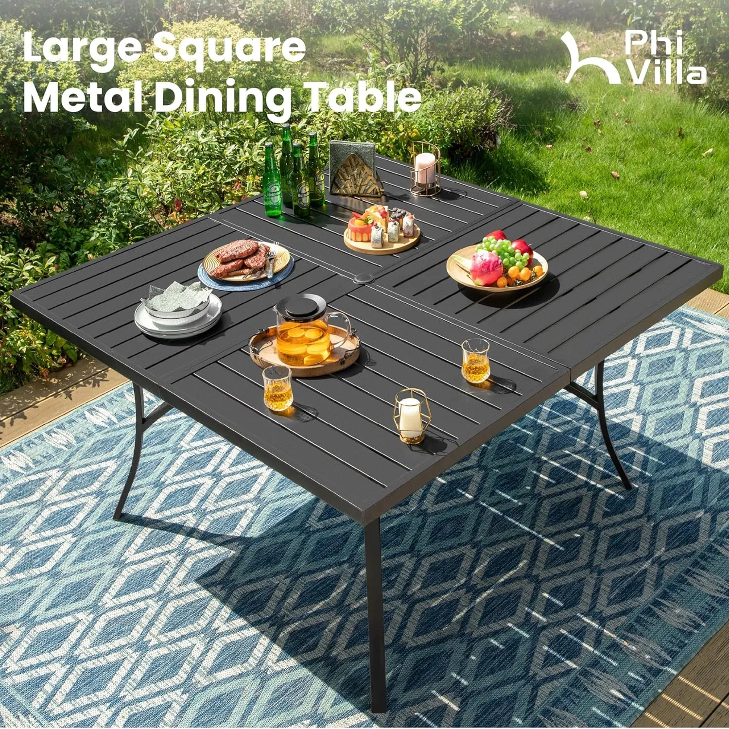 PHI VILLA 9 Pcs Patio Dining Set with Large Square Metal Dining Table & 8 Outdoor Padded Textilene Fabric Swivel Dining Chairs, Outside Table Chair Furniture Dining Set for 8 Person