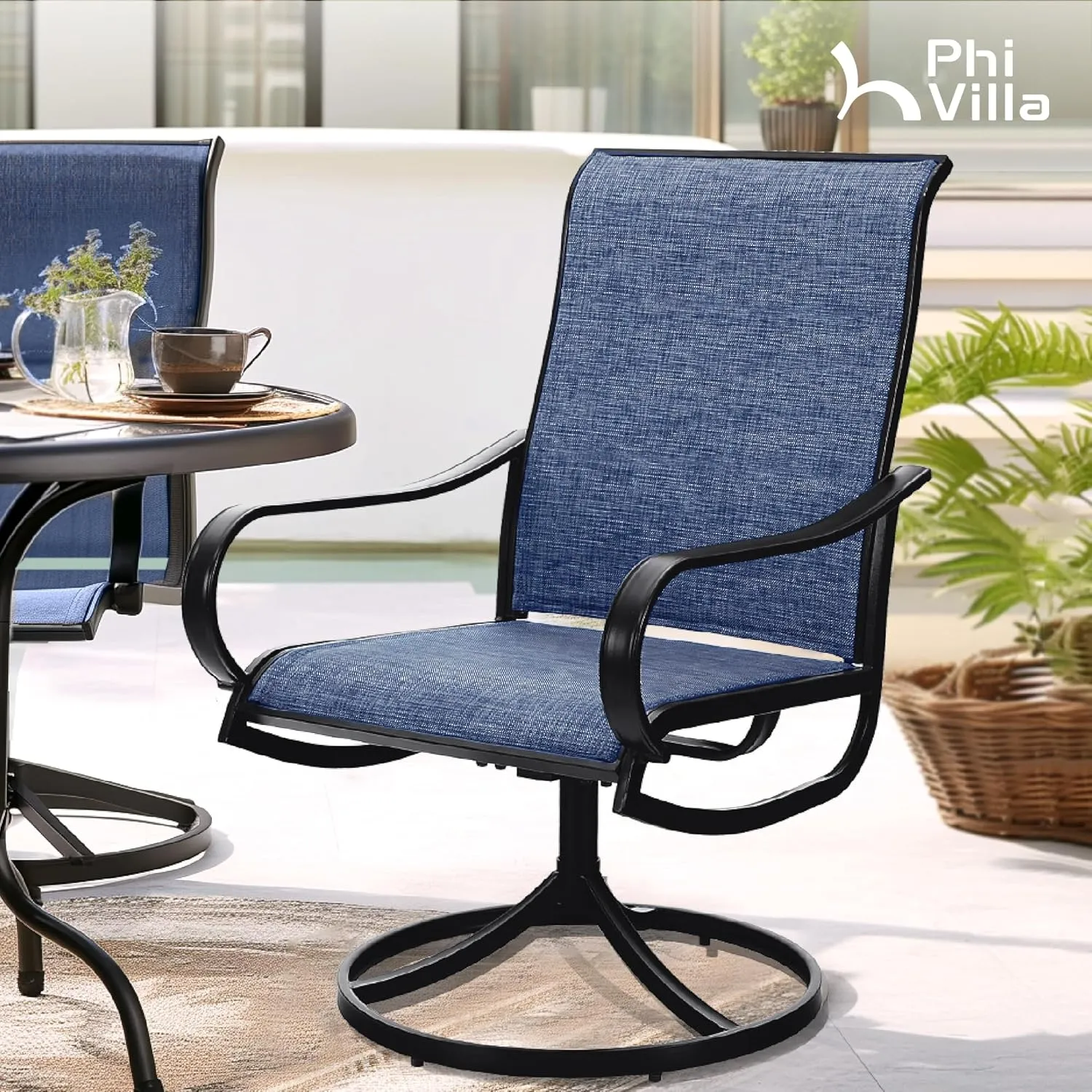 PHI VILLA Patio Swivel Dining Chairs Set of 2, All Weather Outdoor Chair with Textilene Mesh Fabric & Black Metal Frame for Outdoor Lawn Garden Poolside (Blue)