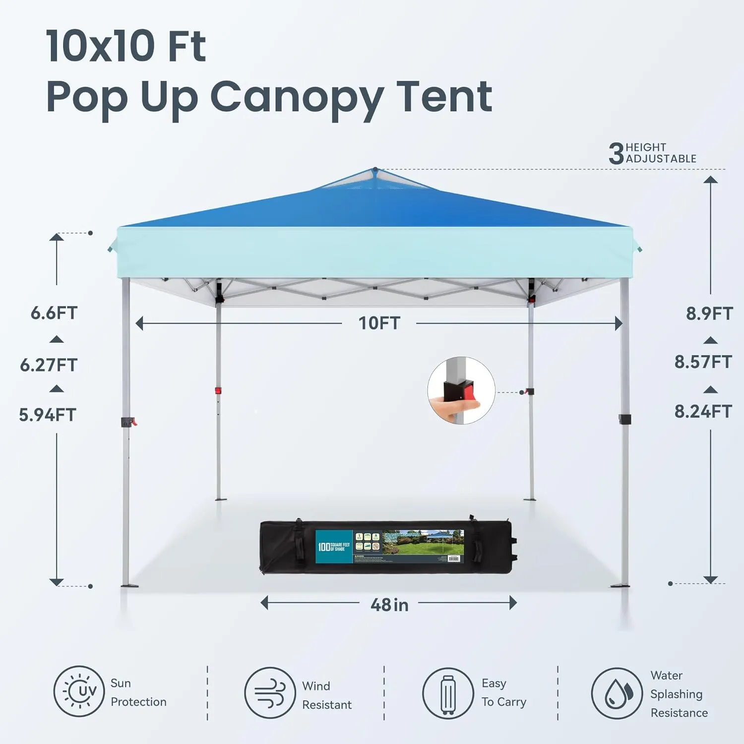 PHI VILLA Pop Up Canopy 10 10 Tents for Parties with Wheeled Bag, Portable Lightweight Folding w/Adjustable Height,Dark & Light Blue