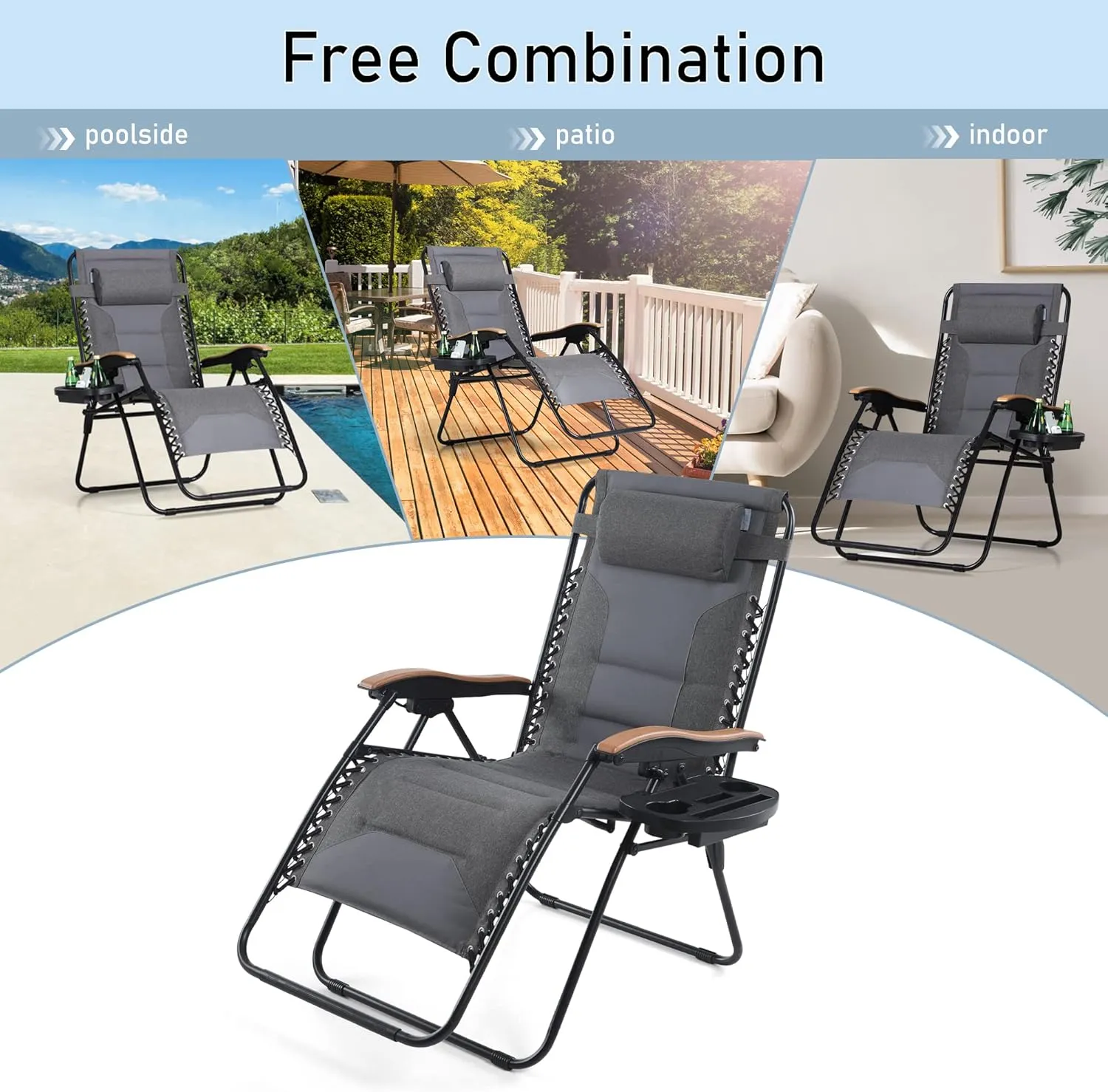 PHI VILLA XXL Oversized Padded Zero Gravity Chair, Foldable Patio Recliner, 30" Wide Seat Anti Gravity Lounger with Cup Holder, Set of 2, Support 400 LBS (Gray)