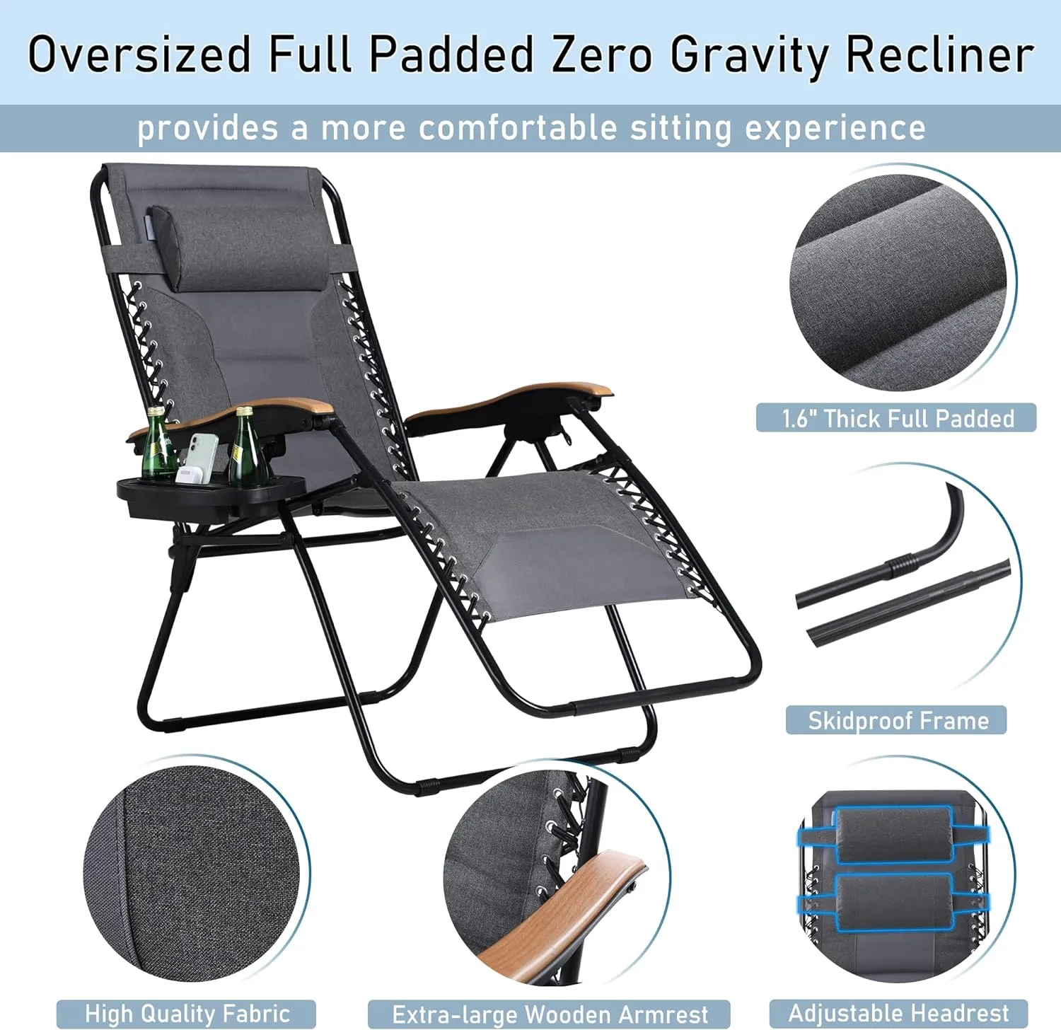 PHI VILLA XXL Oversized Padded Zero Gravity Chair, Foldable Patio Recliner, 30" Wide Seat Anti Gravity Lounger with Cup Holder, Set of 2, Support 400 LBS (Gray)