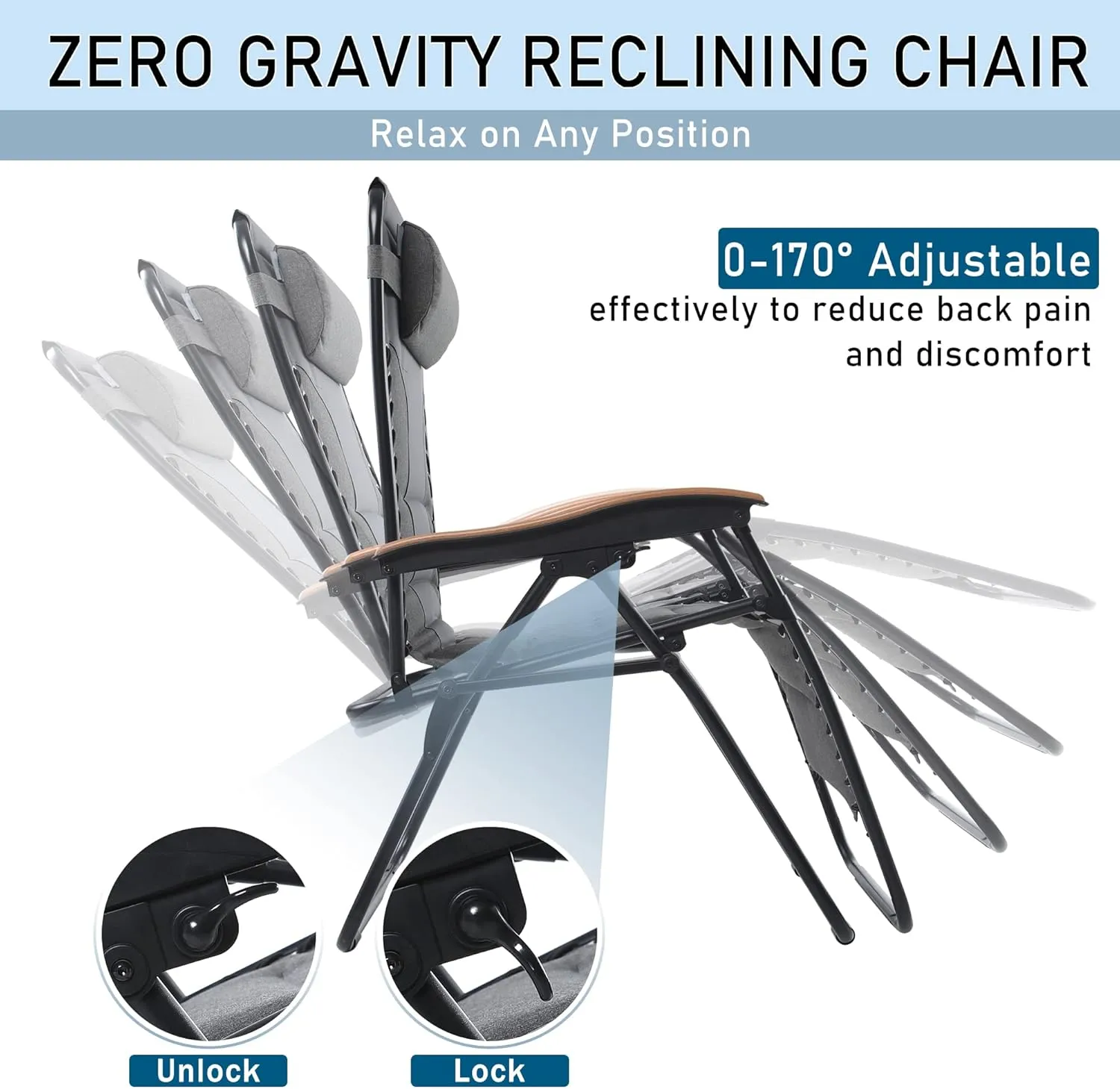 PHI VILLA XXL Oversized Padded Zero Gravity Chair, Foldable Patio Recliner, 30" Wide Seat Anti Gravity Lounger with Cup Holder, Set of 2, Support 400 LBS (Gray)