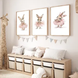 Pink Ballerina Bunny Set of 3 Wall Art
