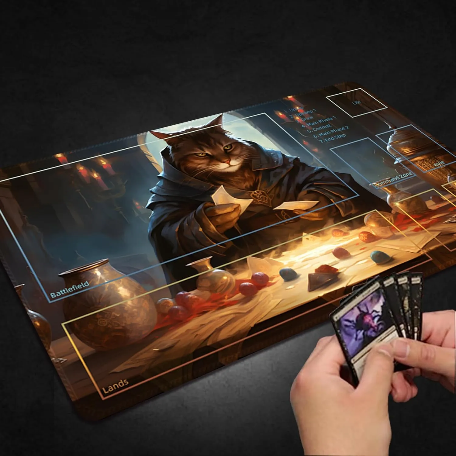 Playmat for MTG, with Free Storage Bags,Game Mat 24 x 14 inches, TCG and Board Game Mat for Cards,Mousepad Desk Mats (Cat 3-Auxiliary Combat)