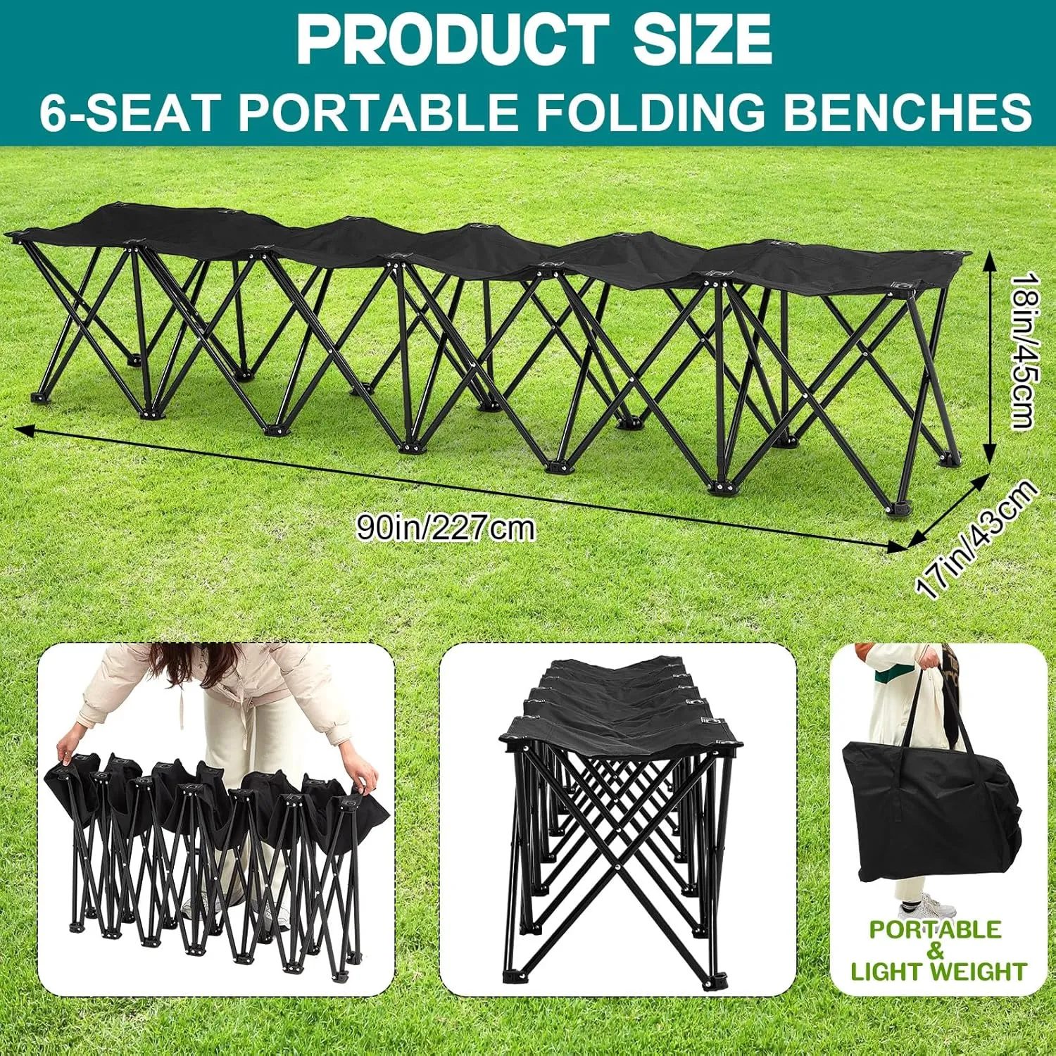 Portable Team Bench Soccer Seat Collapsible Folding Bench Seat Unfolded Sideline Bench Chair Playing Field Bleachers for Outdoor Sports with Storage Bag (Black), No Assembly(6 Seats)