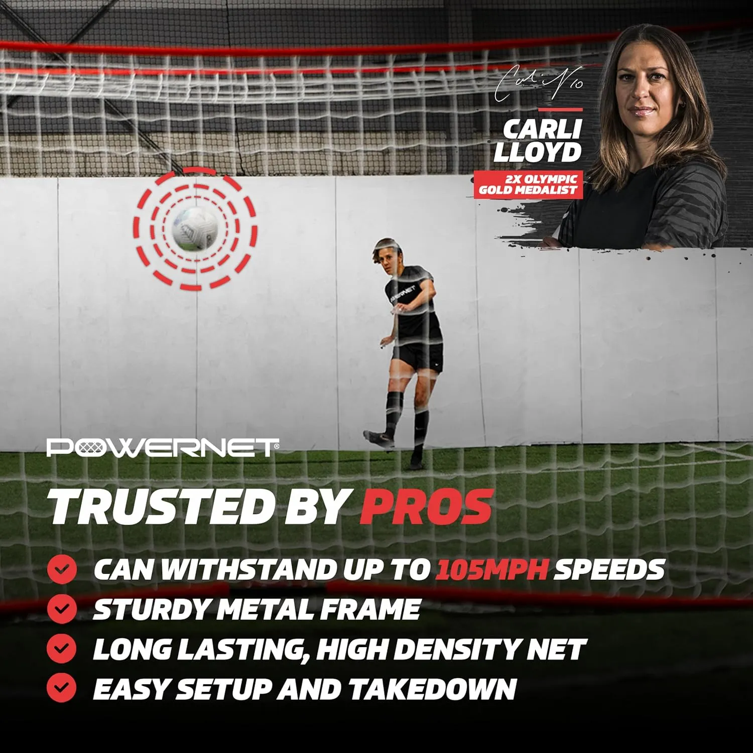 PowerNet Carli Lloyd Soccer Goal, Portable Net Collapsible Metal Base, Quick Setup Ultra Portable, Full Size Framed Soccer Goal, 1 Goal   1 Carry Bag