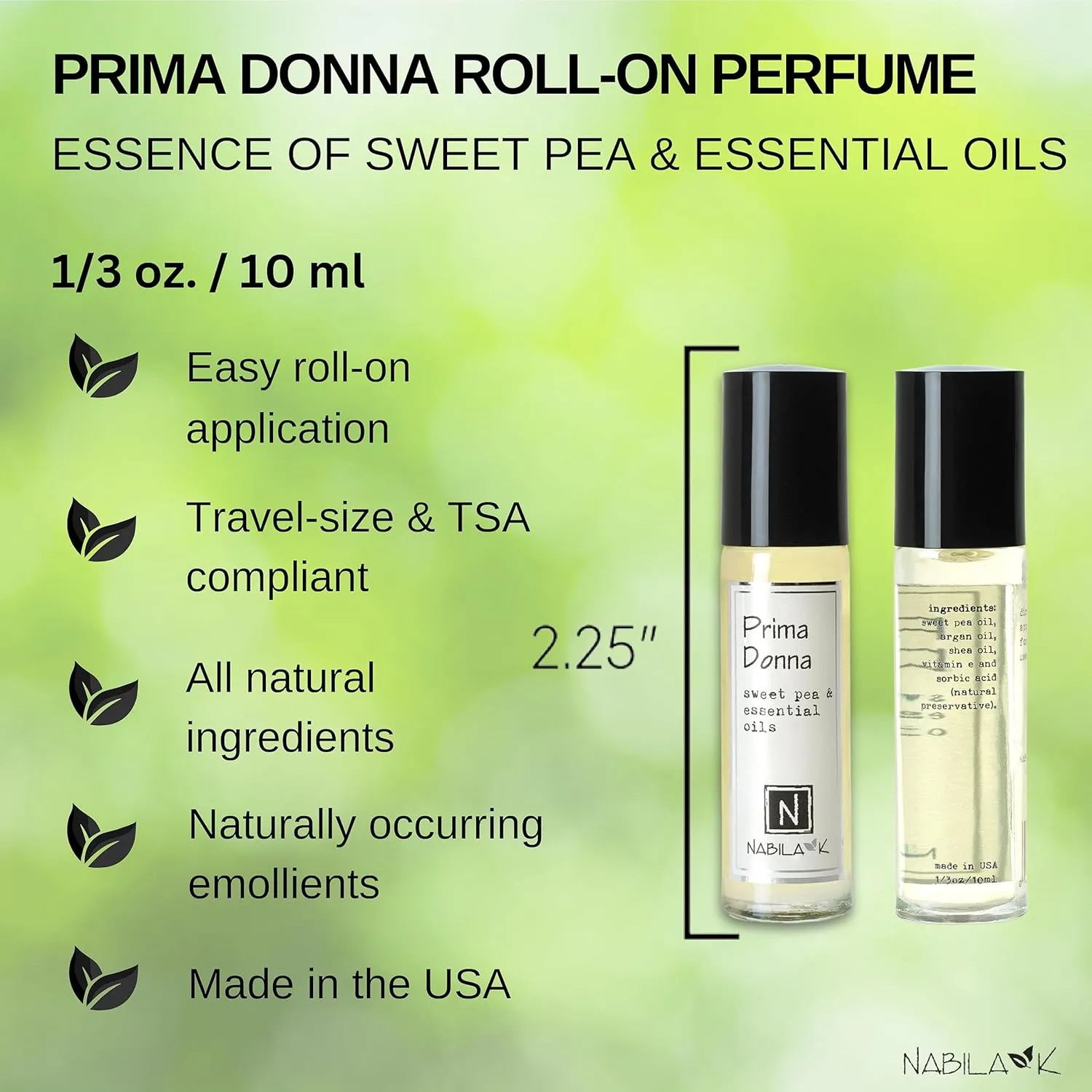 Prima Donna Roll-On Perfume with Sweet Pea Oil Alcohol-Free, All-Natural, Organic, Long-Lasting Fragrance - Travel-Size Perfume for Women - TSA Approved, 0.33 oz / 10 ml