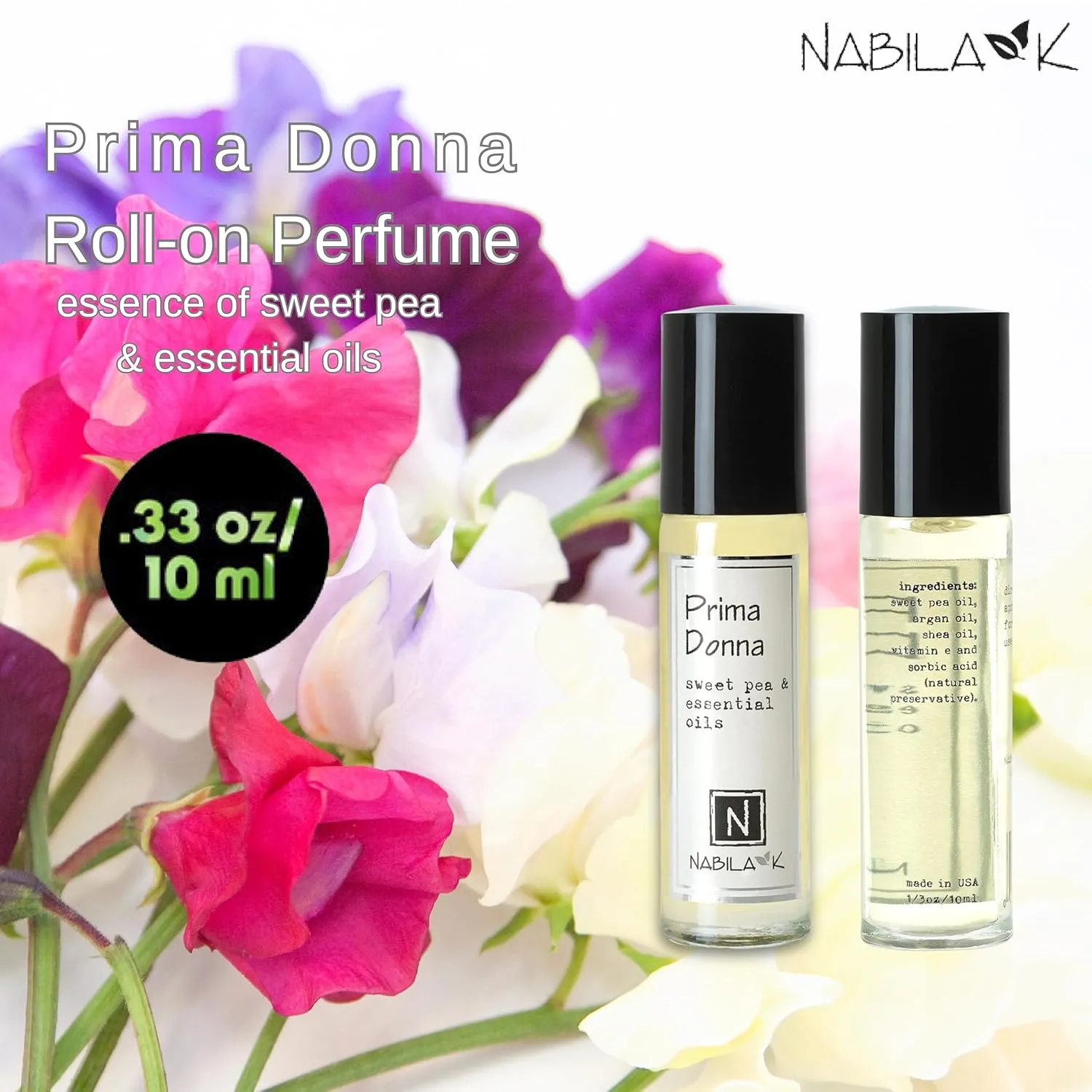 Prima Donna Roll-On Perfume with Sweet Pea Oil Alcohol-Free, All-Natural, Organic, Long-Lasting Fragrance - Travel-Size Perfume for Women - TSA Approved, 0.33 oz / 10 ml