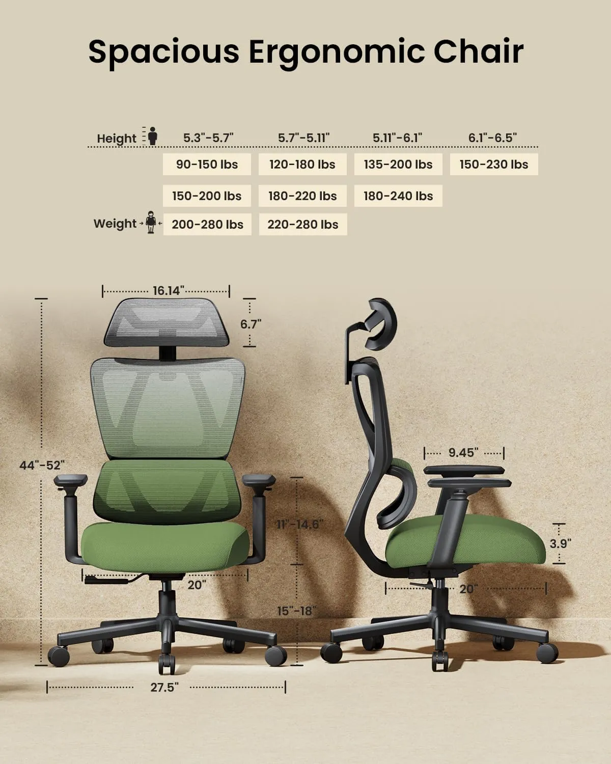 ProtoArc Ergonomic Office Chair, EC100 Big and Tall Desk Chair with Wintex Breathable Mesh, 30% Thicker Saddle Spring Cushion, Lumbar Support, Adjustable Headrest, Armrest - Gradient Green