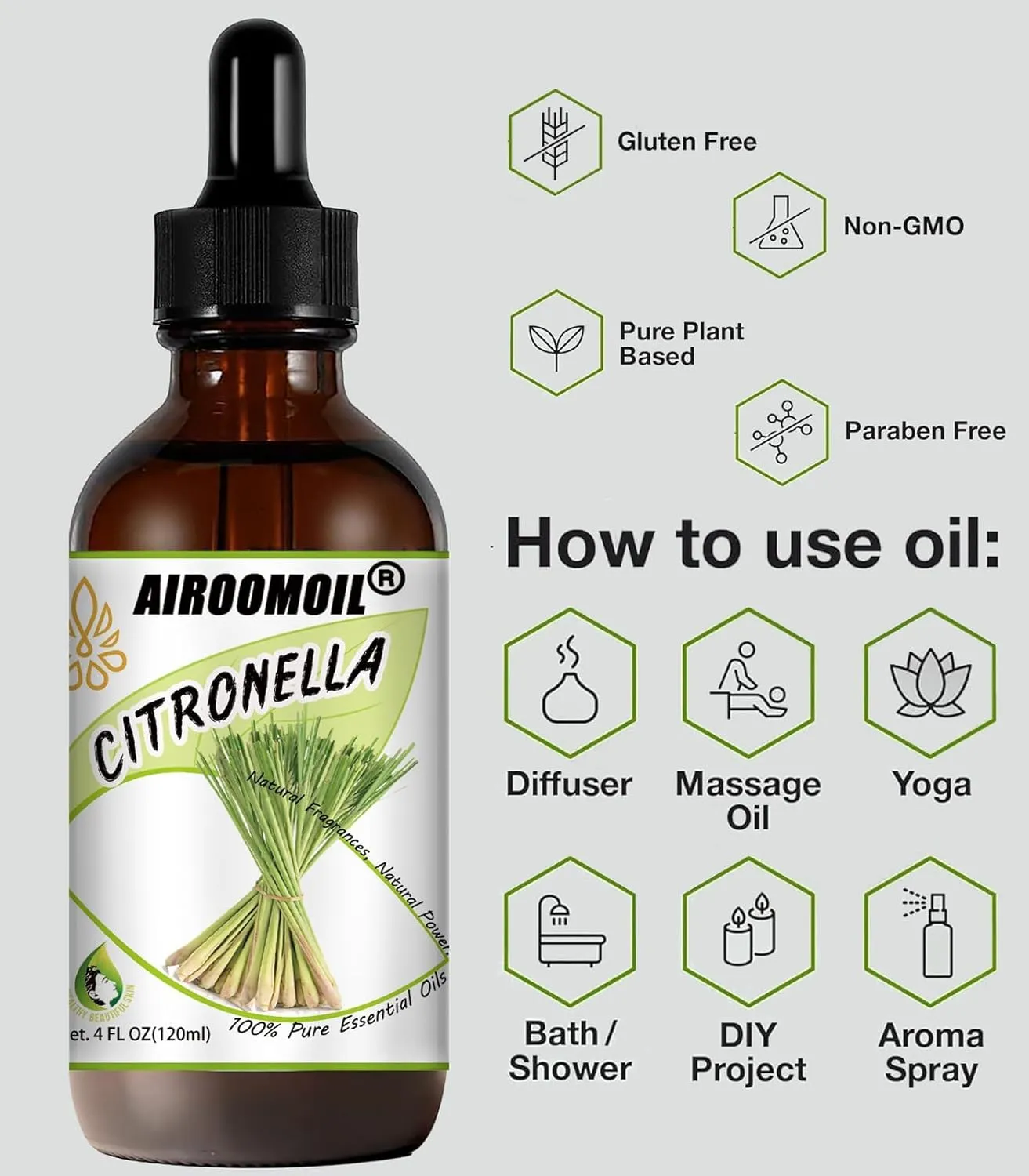 Pure Citronella Essential Oil, 100% Pure Natural Citronella Essential Oil, Premium Grade Essential Oils for Diffusers for Home, Skin, Care Massage, Soap Making, Aromatherapy, 4 Fl Oz | 120ml