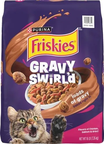 Purina Friskies Dry Cat Food Gravy Swirl'd With Flavors of Chicken, Salmon and Gravy - 16 lb. Bag