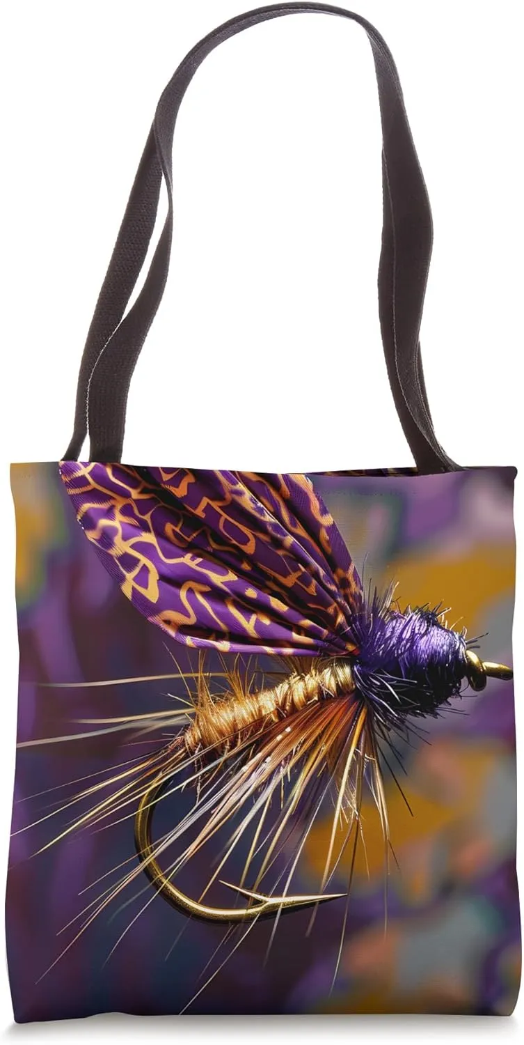 Purple Art Deco Paisley Dry Flies Stimulator Fly Fishing Tote Bag