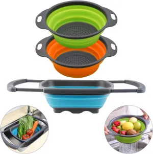 QiMH Collapsible Colander Set of 3-2 PC 4 Quart and 1 PC 6 Quart Over the Sink Colander - Food-Grade Sturdy Plastic Base - Round Space-save Silicone Kitchen Foldable Food Strainer
