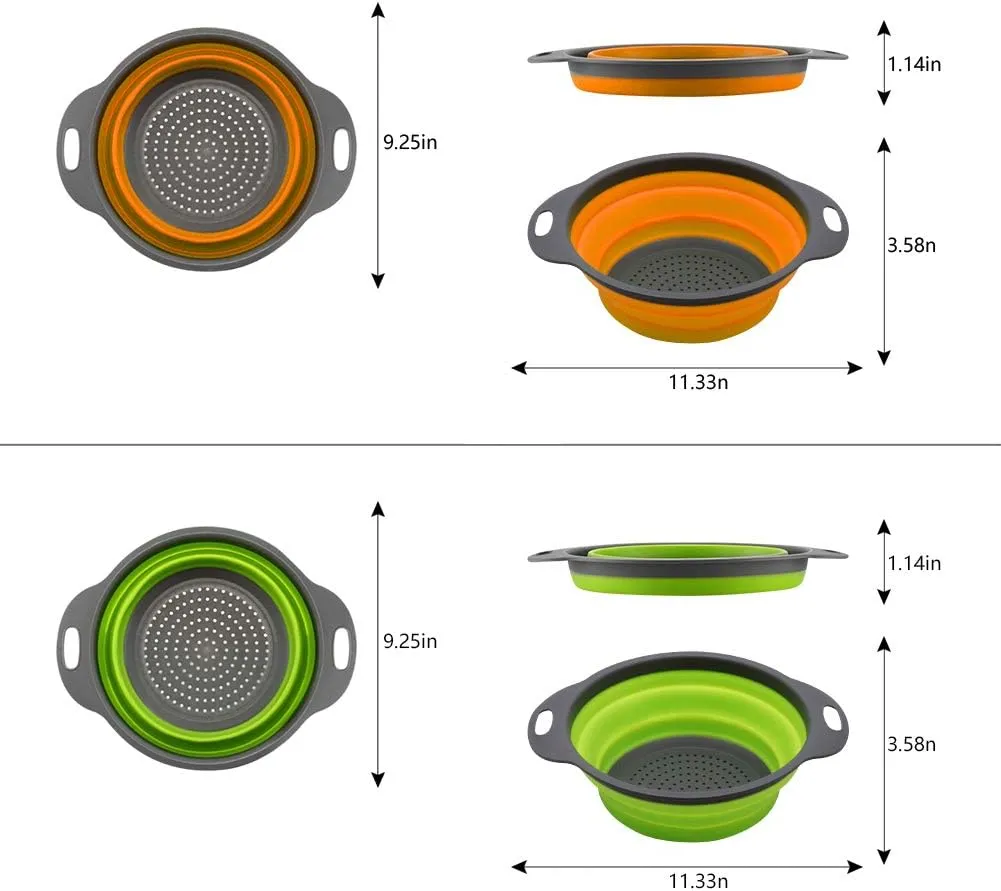 QiMH Collapsible Colander Set of 3-2 PC 4 Quart and 1 PC 6 Quart Over the Sink Colander - Food-Grade Sturdy Plastic Base - Round Space-save Silicone Kitchen Foldable Food Strainer
