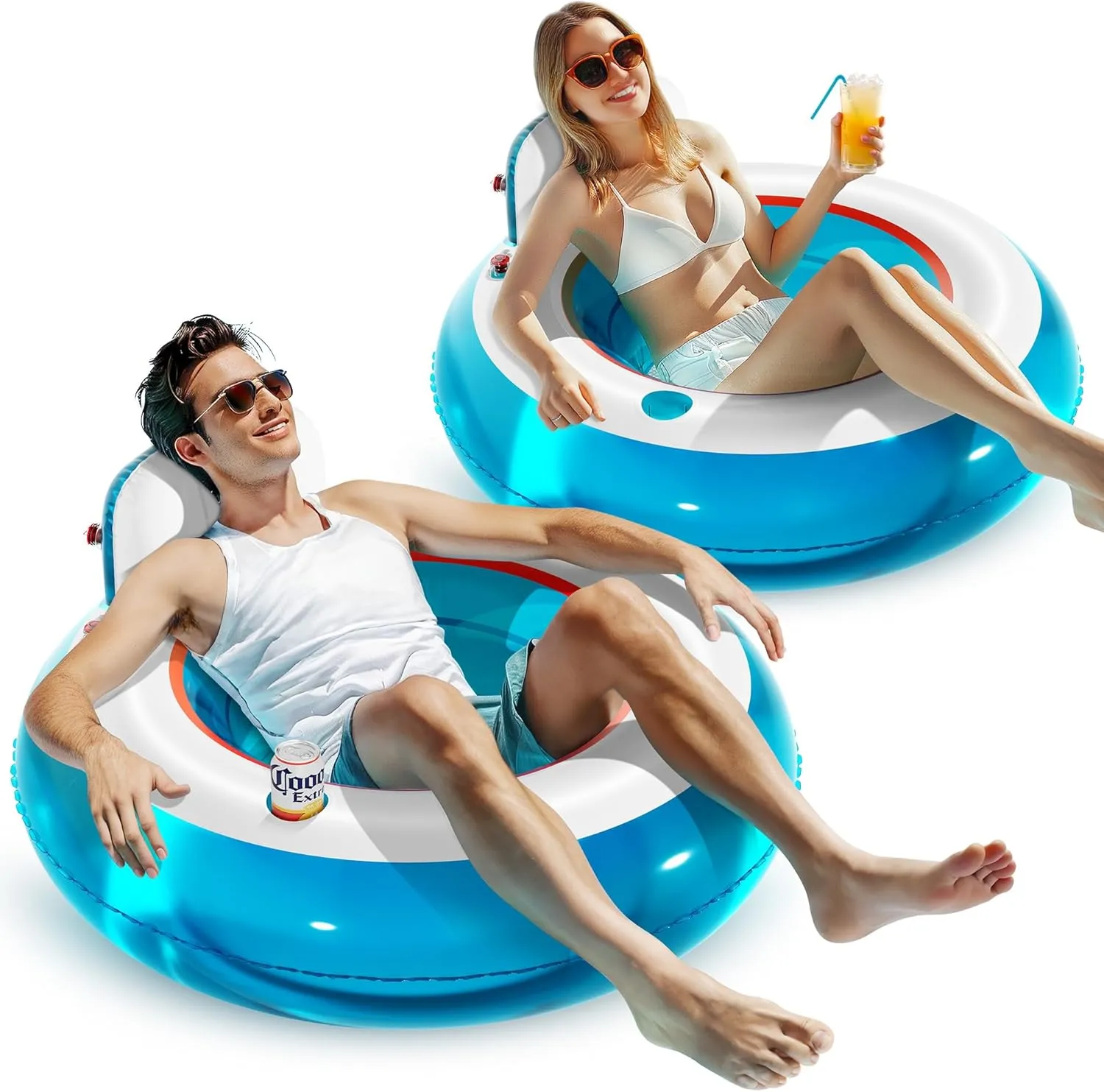QPAU Inflatable Pool Float 2 Pack | Backrest & Armrest Support Water Float Chair | 44” Lounger Float with 1 Cup Holder | Cooling Outdoor Inflatable Pool Chair | Summer Water Play Party