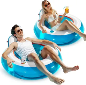 QPAU Inflatable Pool Float 2 Pack | Backrest & Armrest Support Water Float Chair | 44” Lounger Float with 1 Cup Holder | Cooling Outdoor Inflatable Pool Chair | Summer Water Play Party