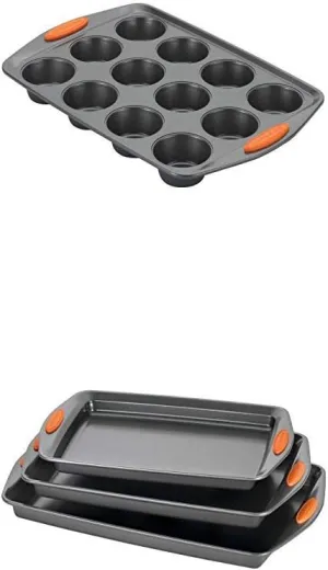Rachael Ray 54075 Yum-o 12-Cup Muffin Pan, Orange Grips 56524 3-Piece Oven Lovin’ Cookie Pan Steel Baking Sheet Set, Gray with Orange Grips
